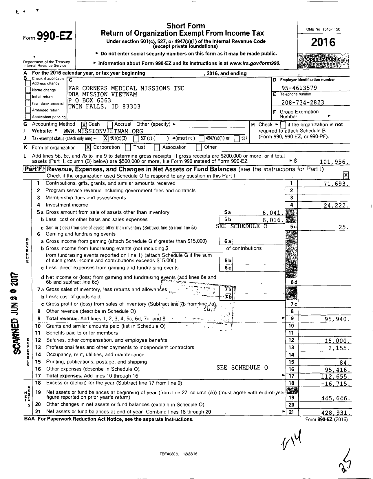 Image of first page of 2016 Form 990EZ for Mission Vietnam