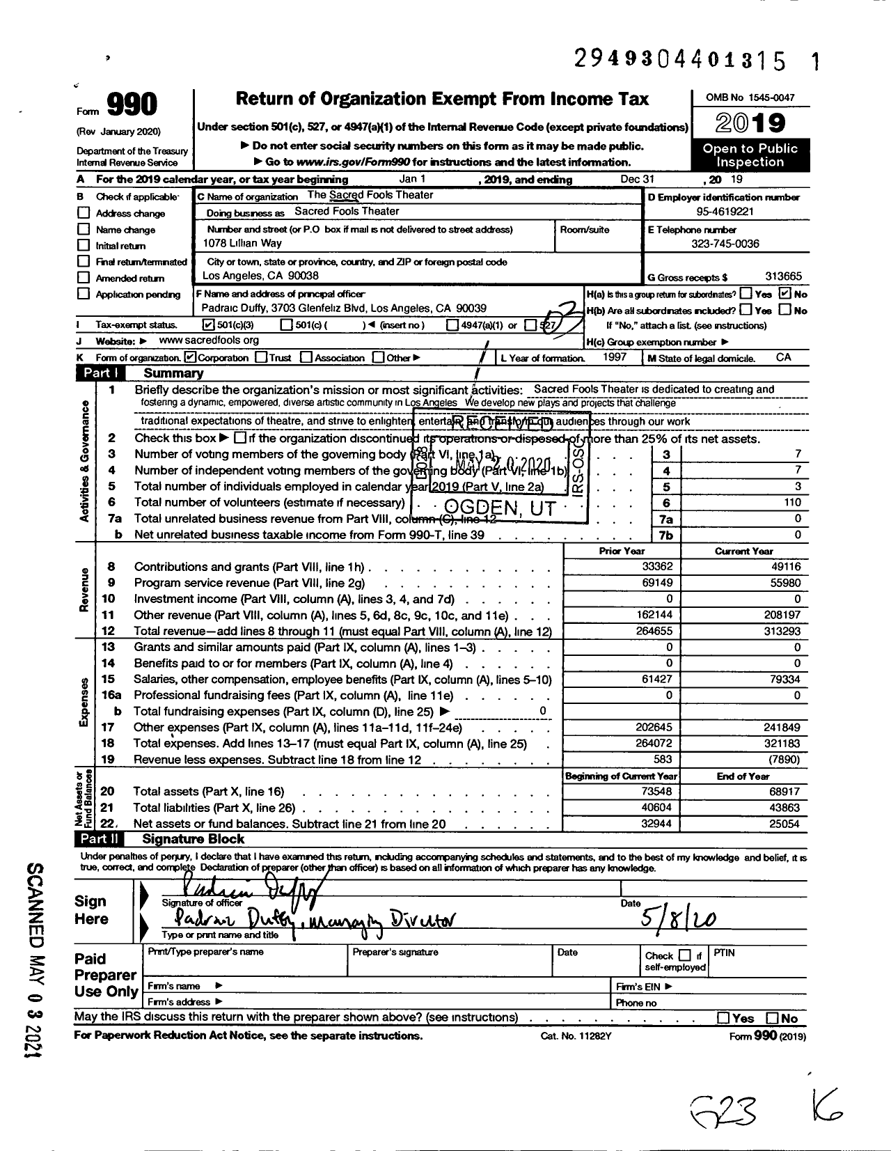 Image of first page of 2019 Form 990 for The Sacred Fools Theater