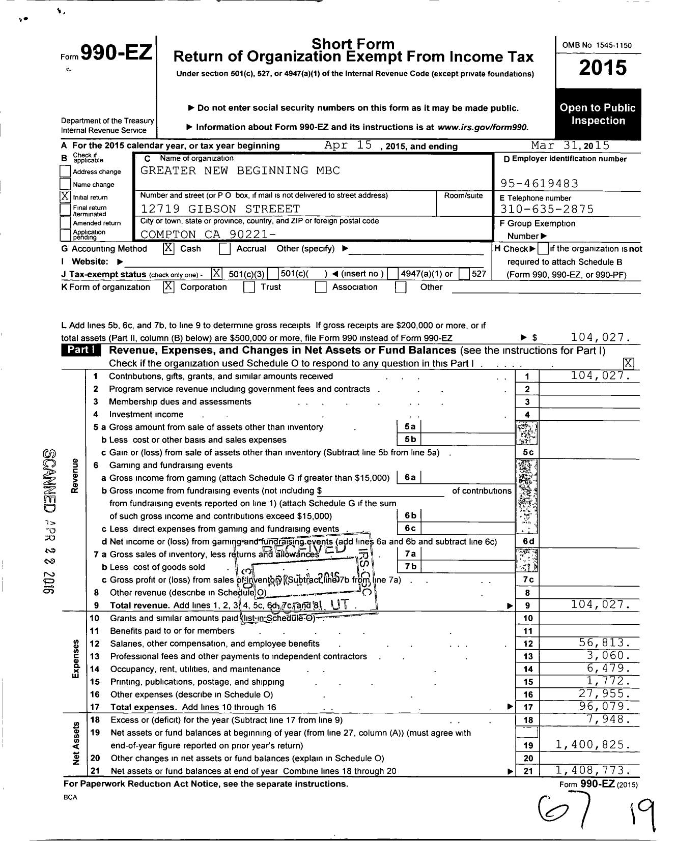 Image of first page of 2014 Form 990EZ for Greater New Beginning MBC