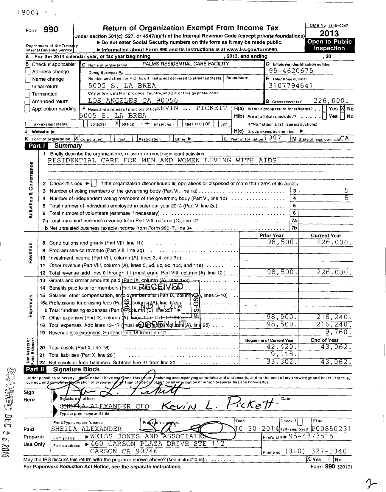 Image of first page of 2013 Form 990O for Palms Residential Care Facility