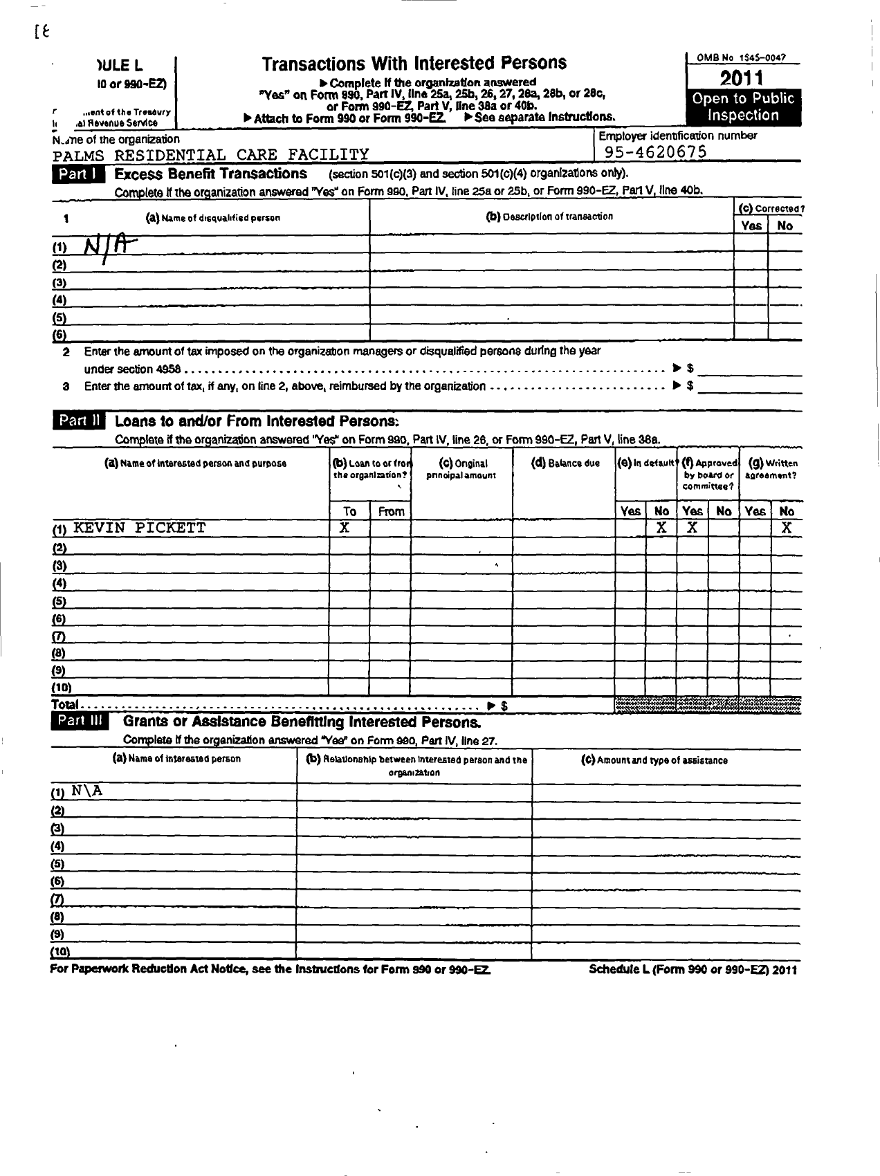 Image of first page of 2011 Form 990R for Palms Residential Care Facility