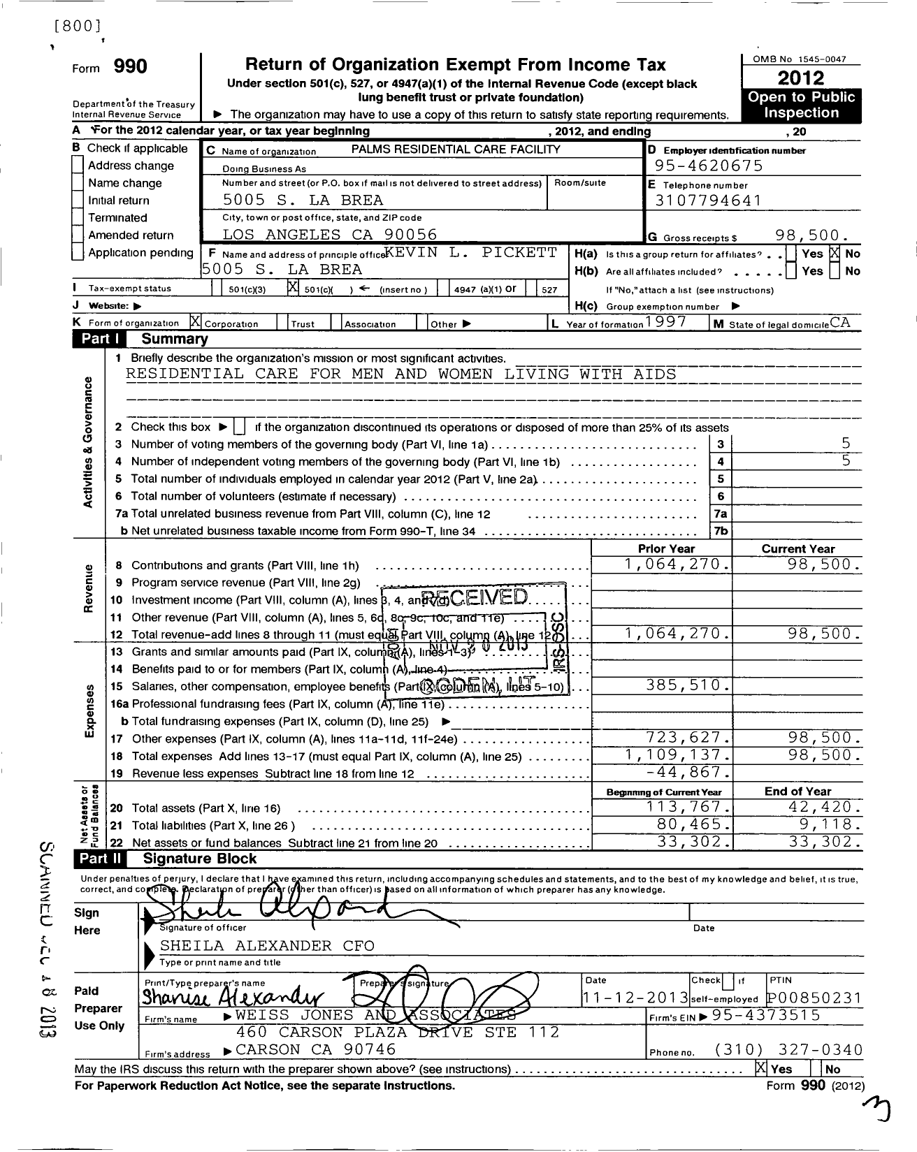 Image of first page of 2012 Form 990O for Palms Residential Care Facility