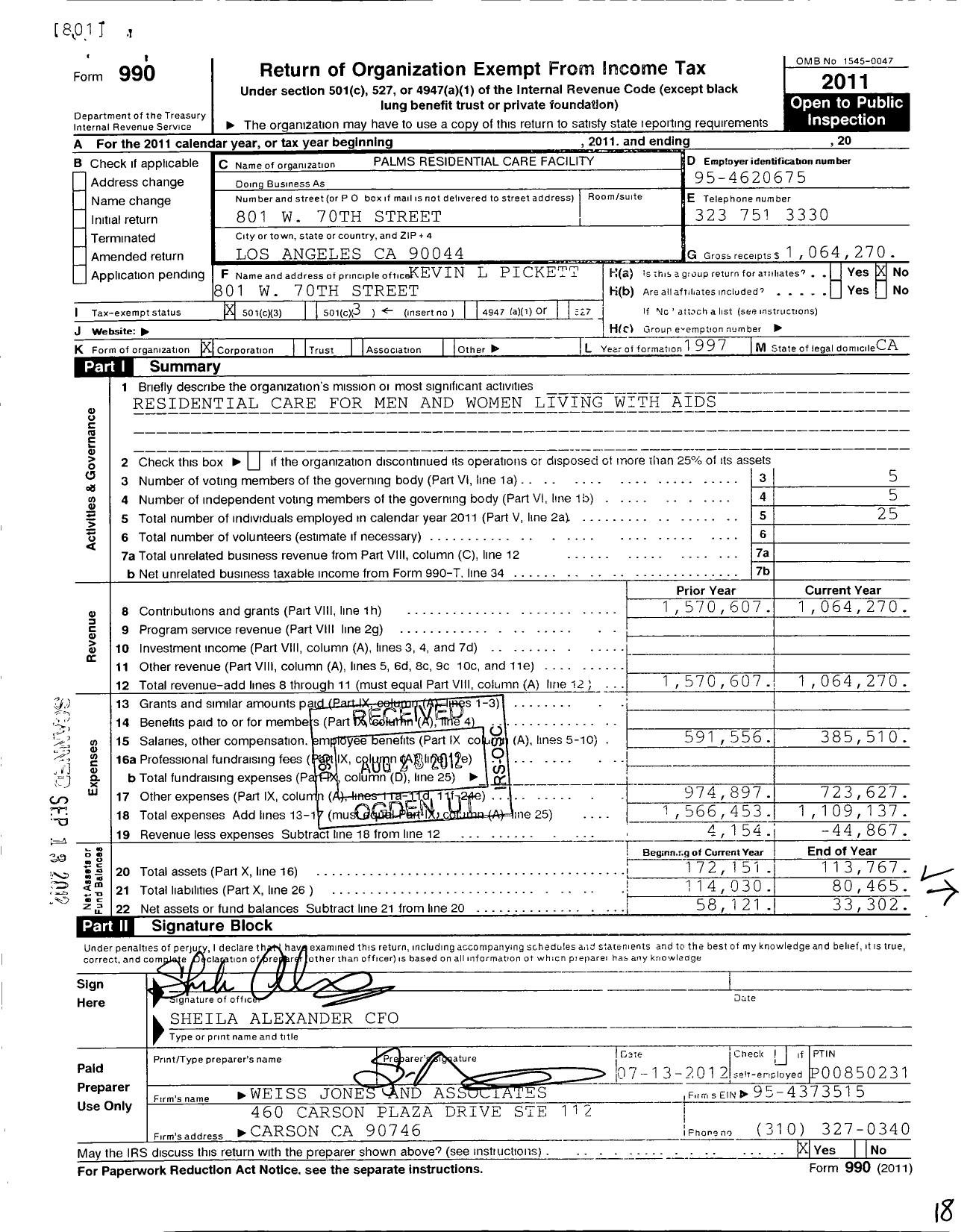 Image of first page of 2011 Form 990 for Palms Residential Care Facility