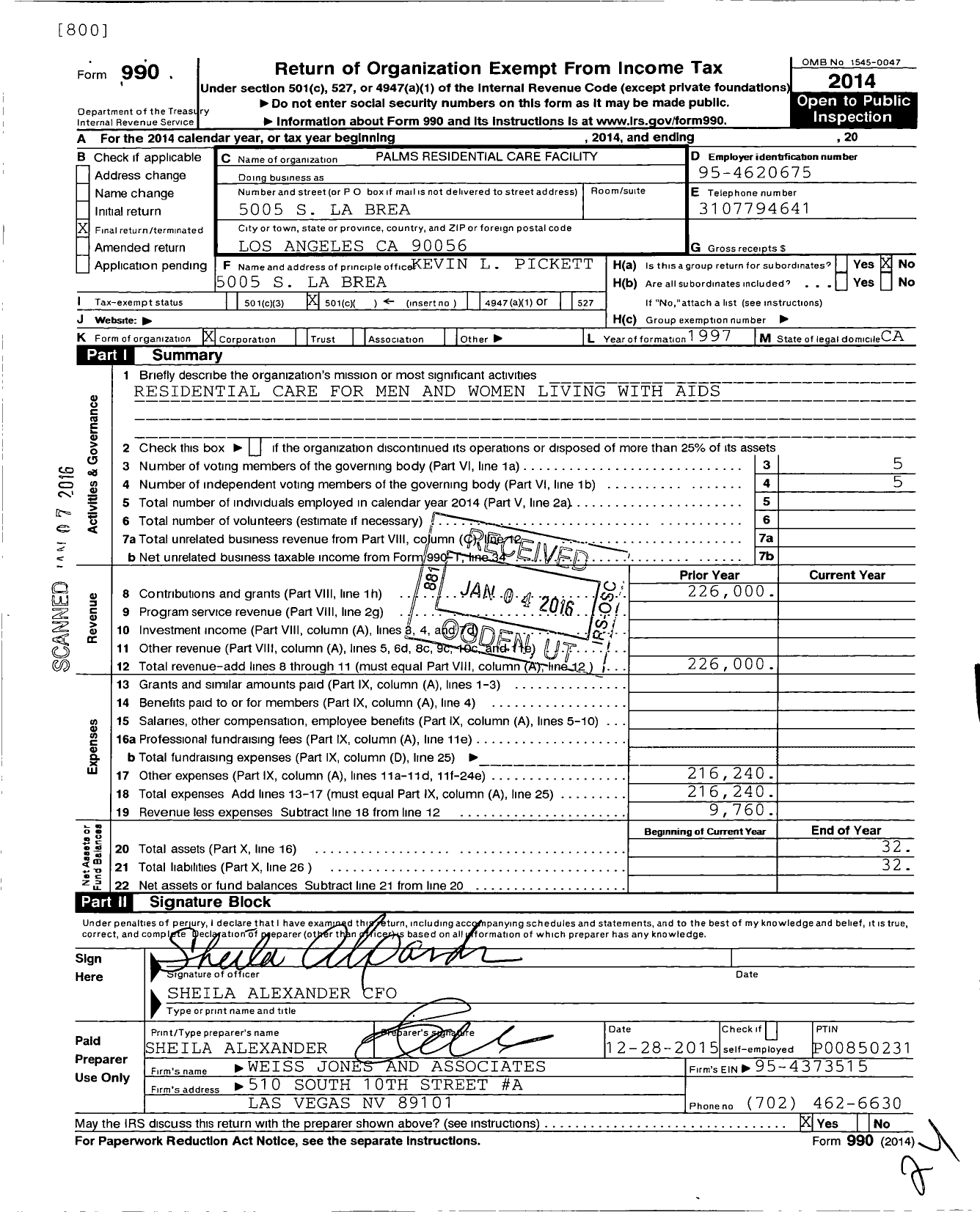 Image of first page of 2014 Form 990O for Palms Residential Care Facility