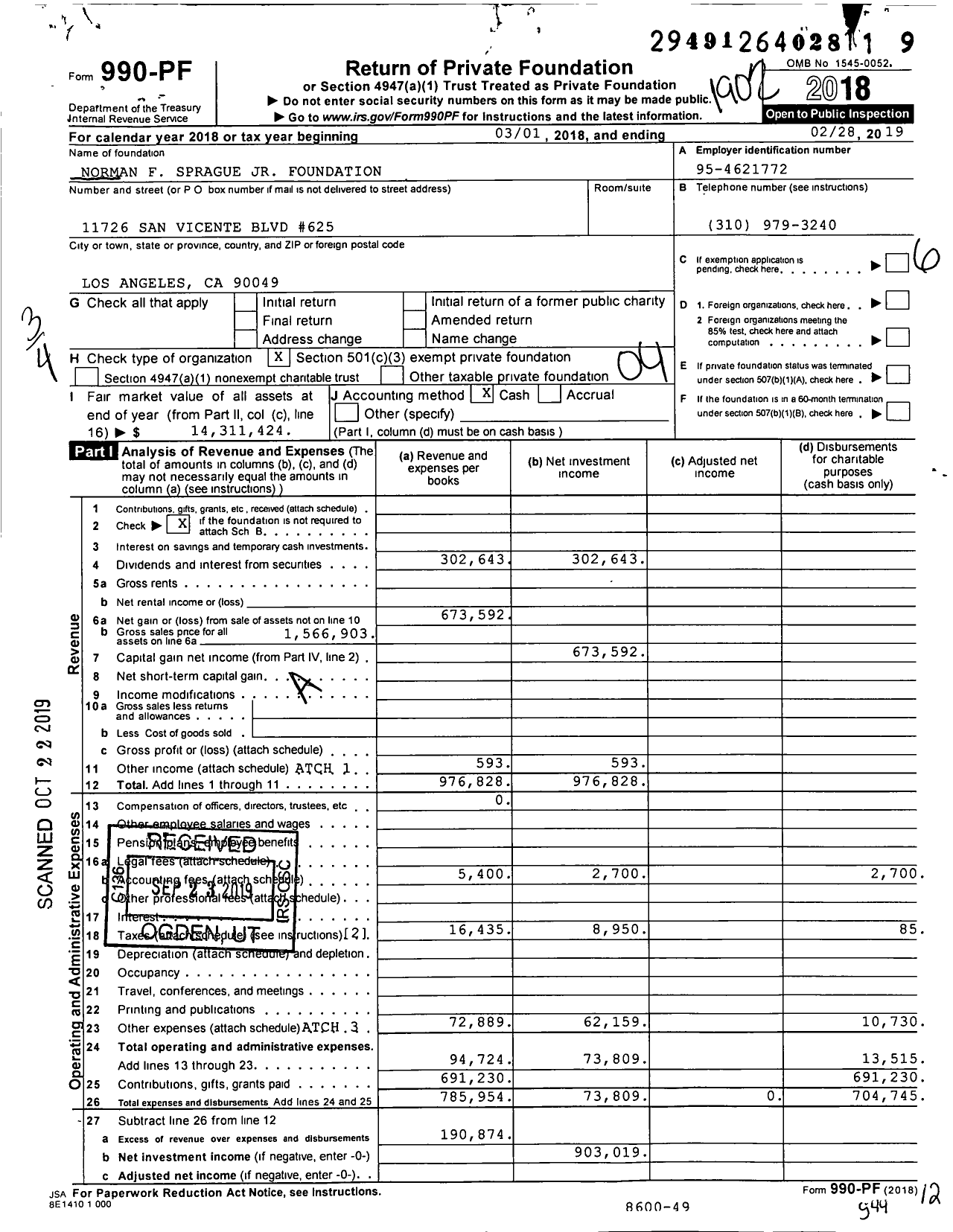 Image of first page of 2018 Form 990PF for Norman F Sprague JR Foundation