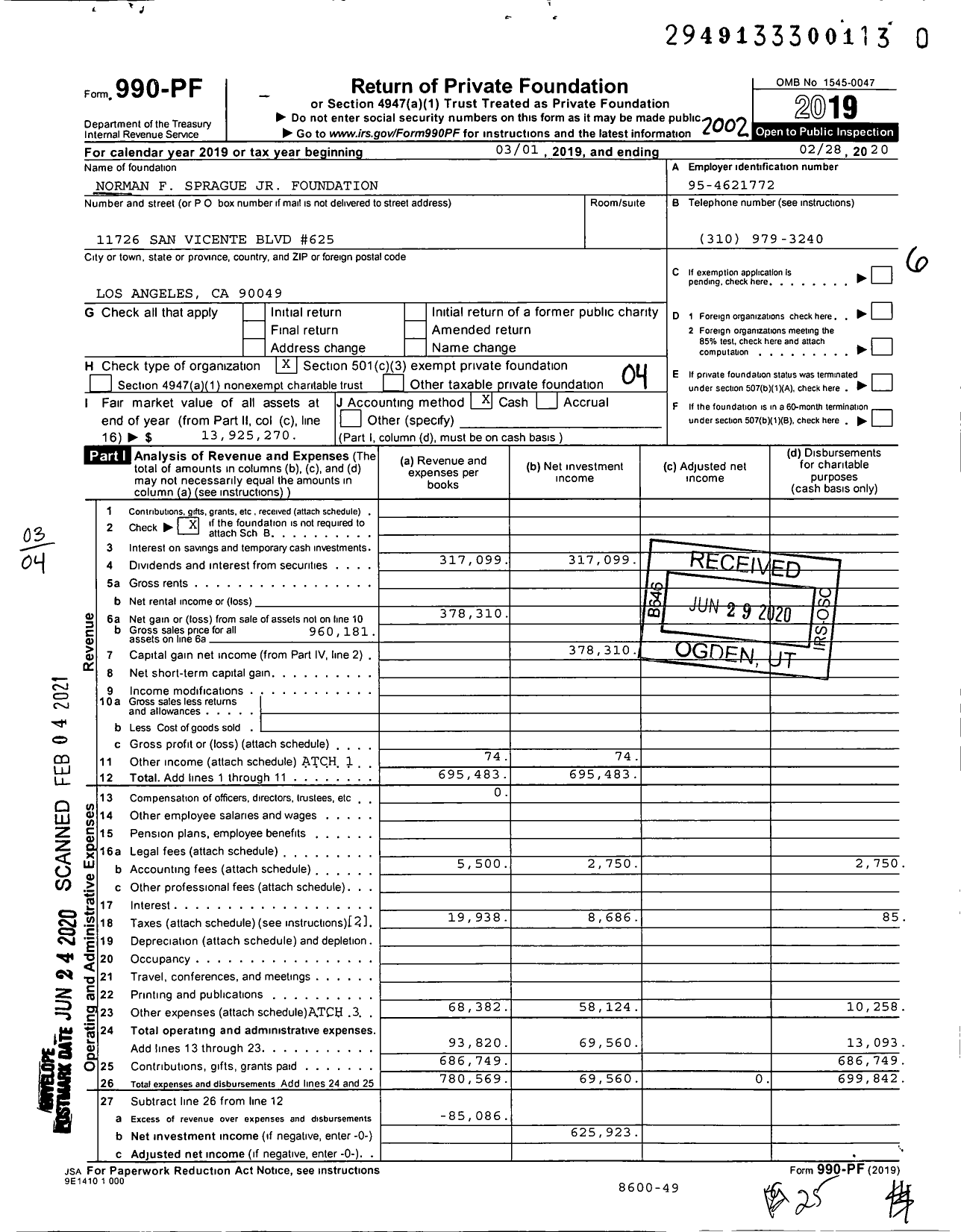 Image of first page of 2019 Form 990PF for Norman F Sprague JR Foundation