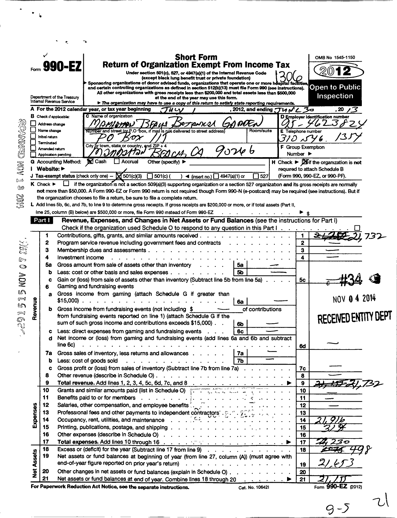 Image of first page of 2012 Form 990EZ for Manhattan Beach Botanical Garden