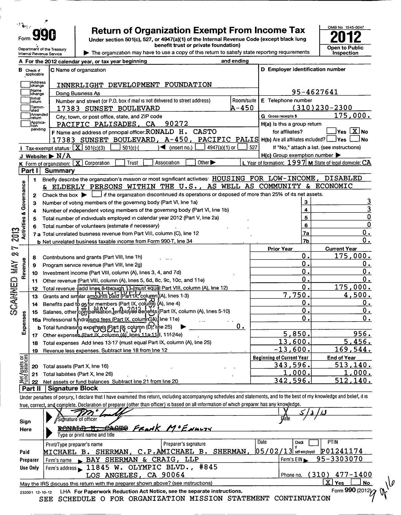 Image of first page of 2012 Form 990 for Innerlight Development Foundation