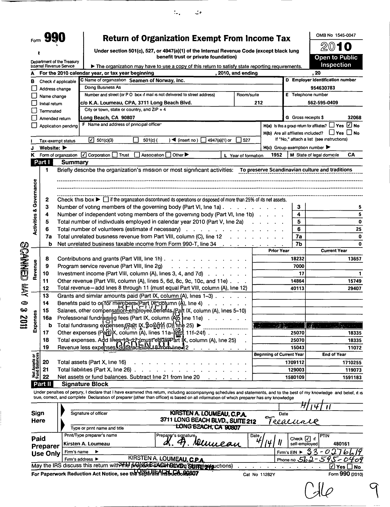 Image of first page of 2010 Form 990 for Seamen of Norway