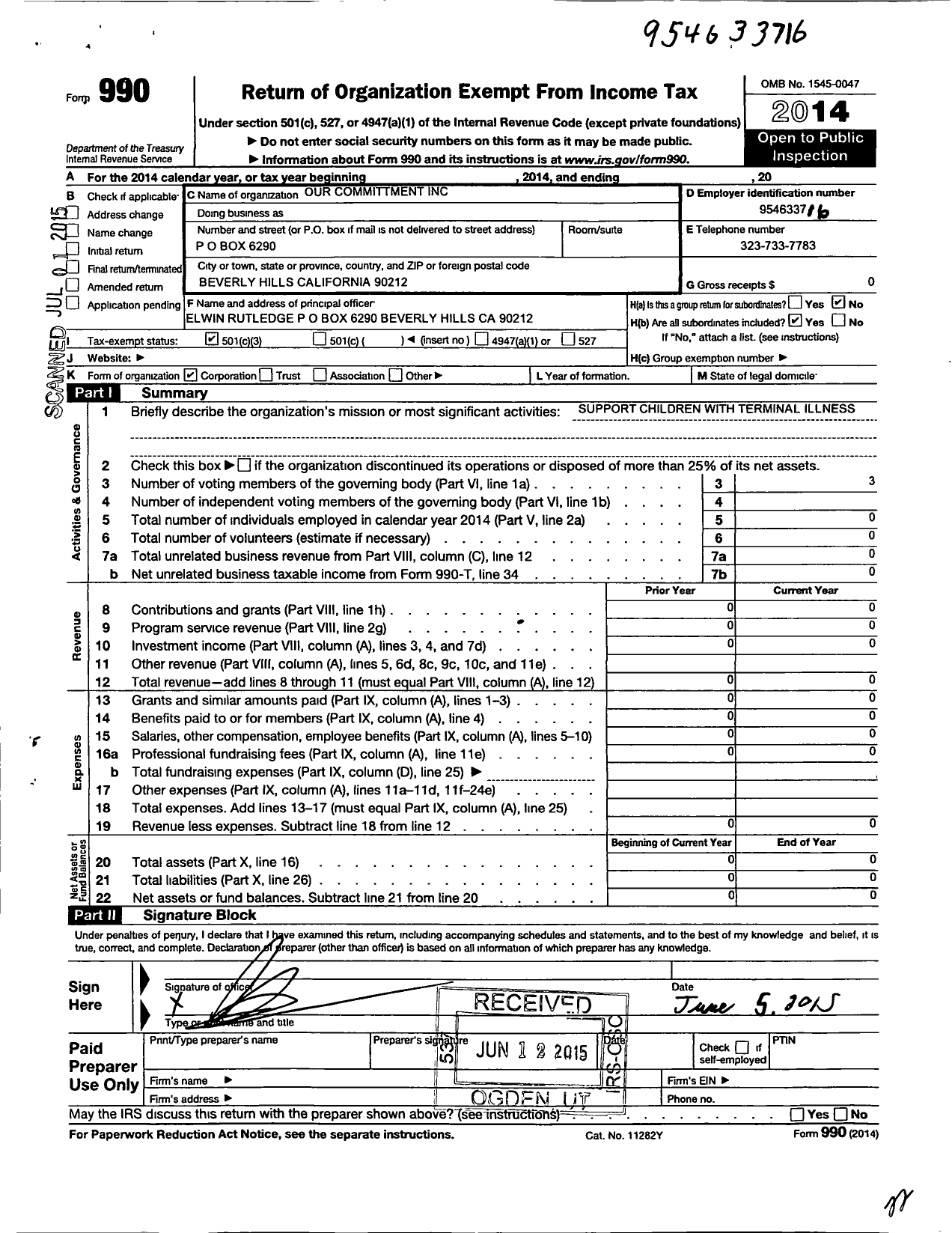 Image of first page of 2014 Form 990 for Our Commitment