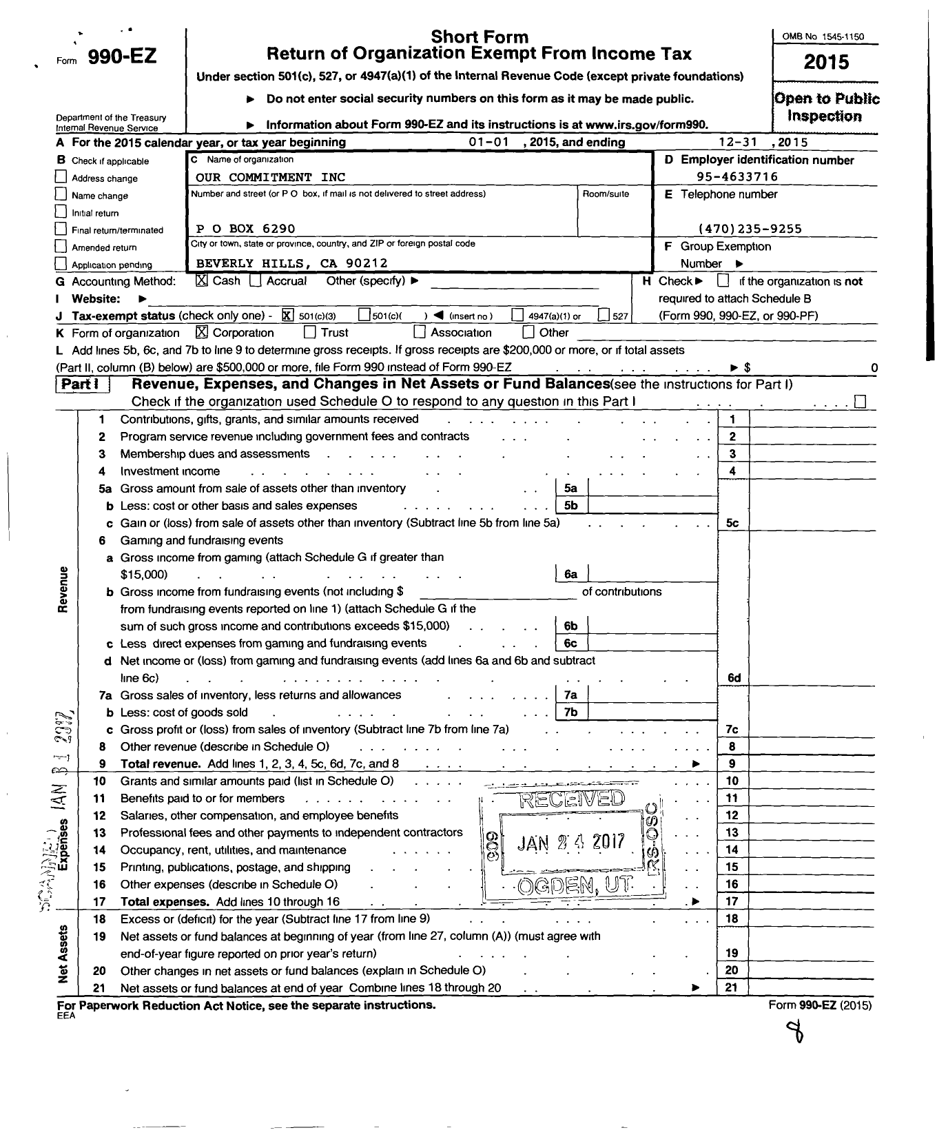 Image of first page of 2015 Form 990EZ for Our Commitment