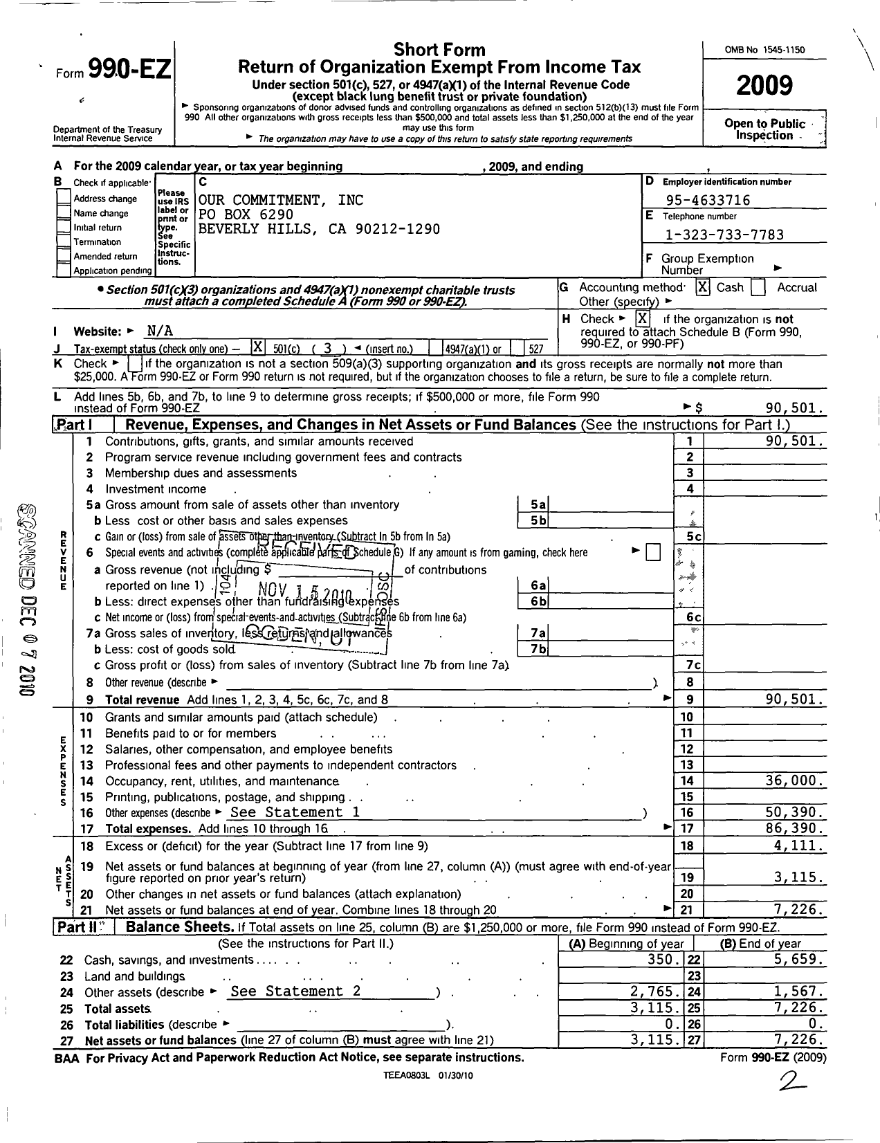 Image of first page of 2009 Form 990EZ for Our Commitment