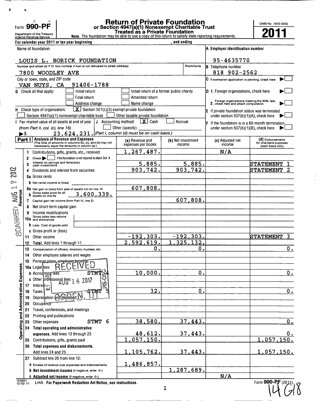 Image of first page of 2011 Form 990PF for Louis L Borick Foundation