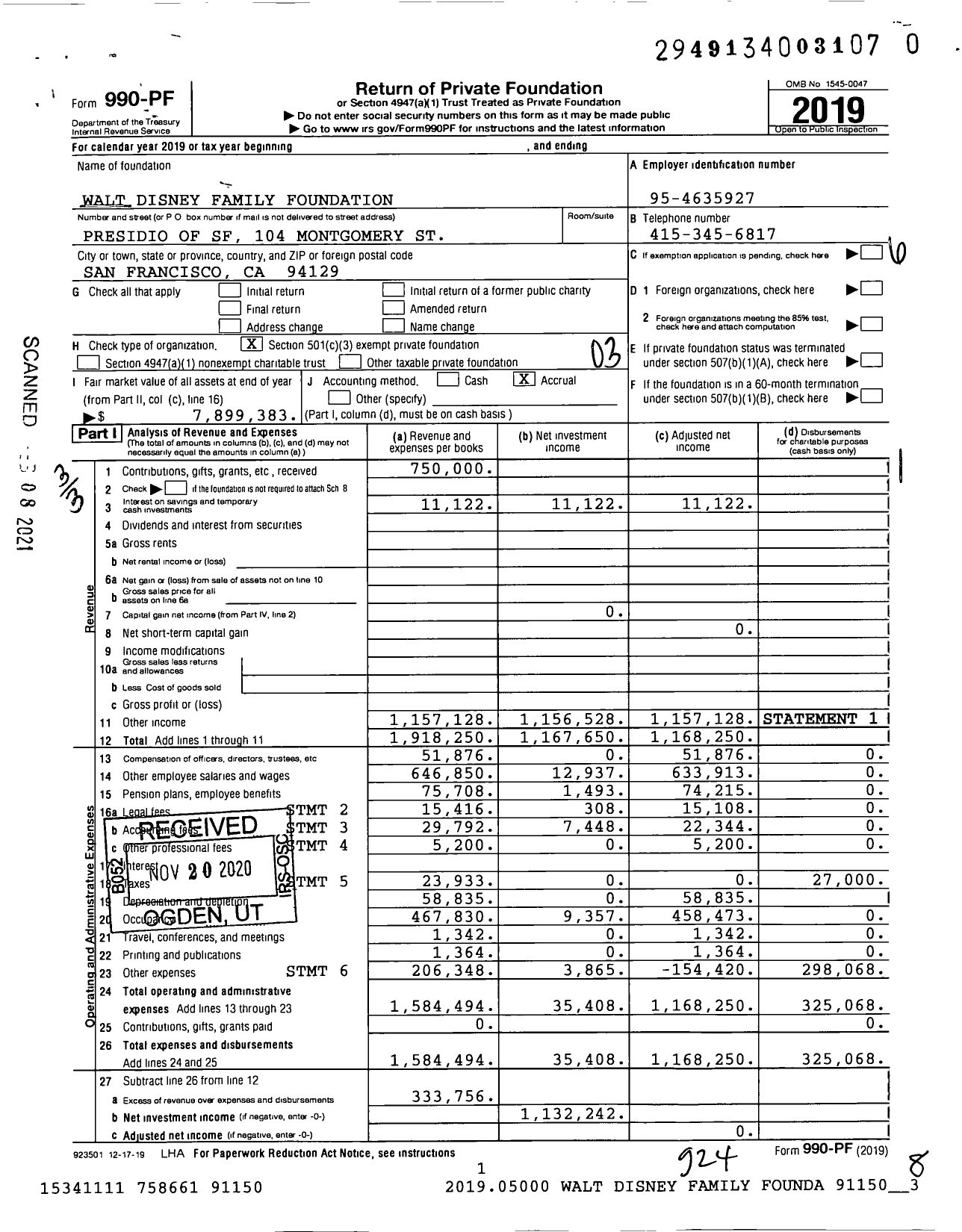 Image of first page of 2019 Form 990PF for Walt Disney Family Foundation