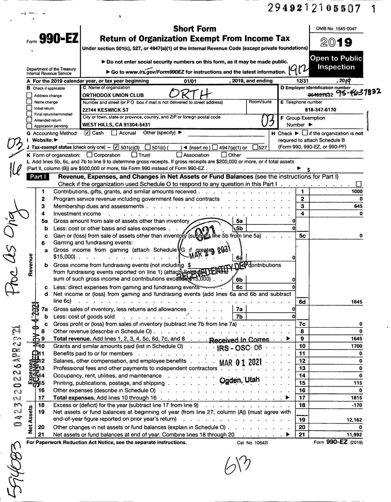 Image of first page of 2019 Form 990EZ for Orthodox Union Club