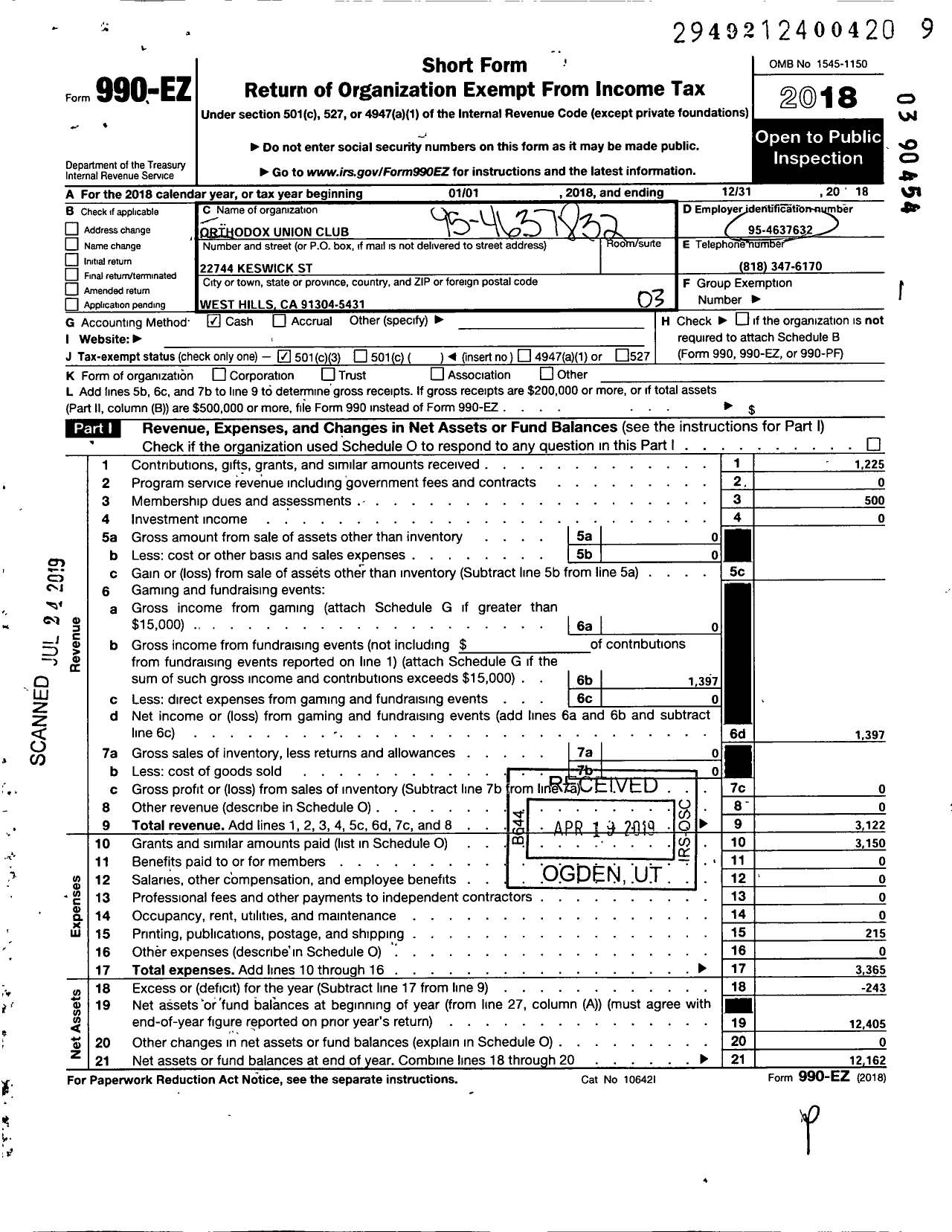 Image of first page of 2018 Form 990EZ for Orthodox Union Club