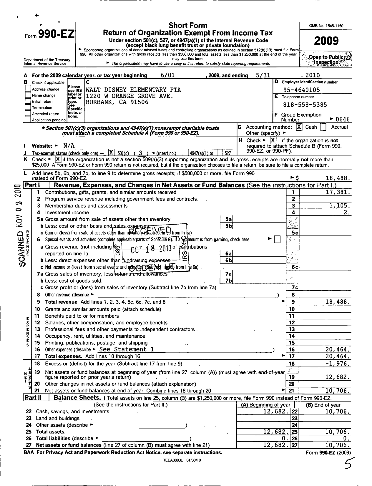 Image of first page of 2009 Form 990EZ for California State PTA - Walt Disney Elementary PTA