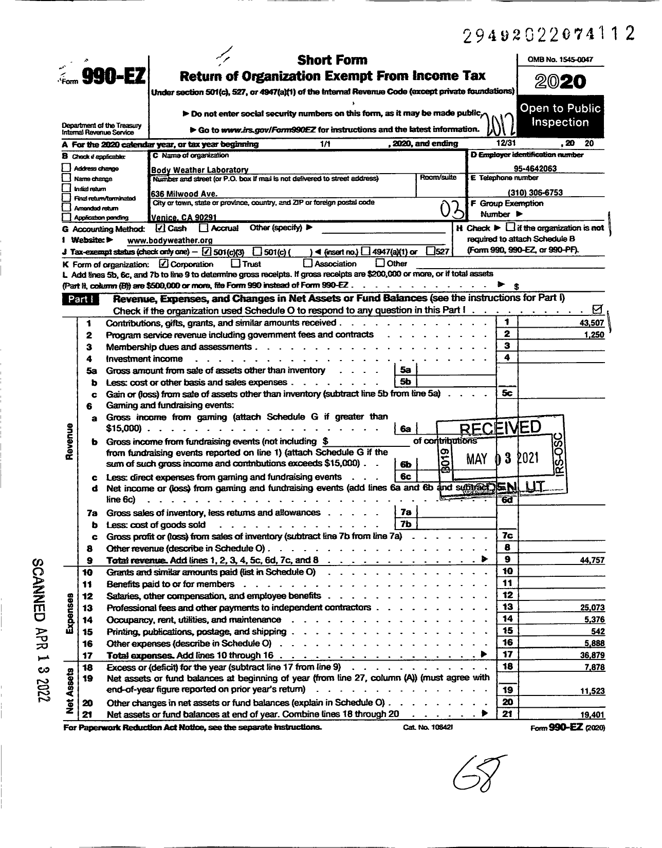 Image of first page of 2020 Form 990EZ for Body Weather Laboratory