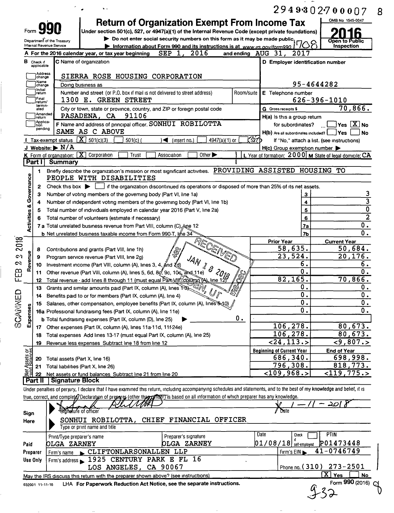 Image of first page of 2016 Form 990 for Sierra Rose Housing Corporation