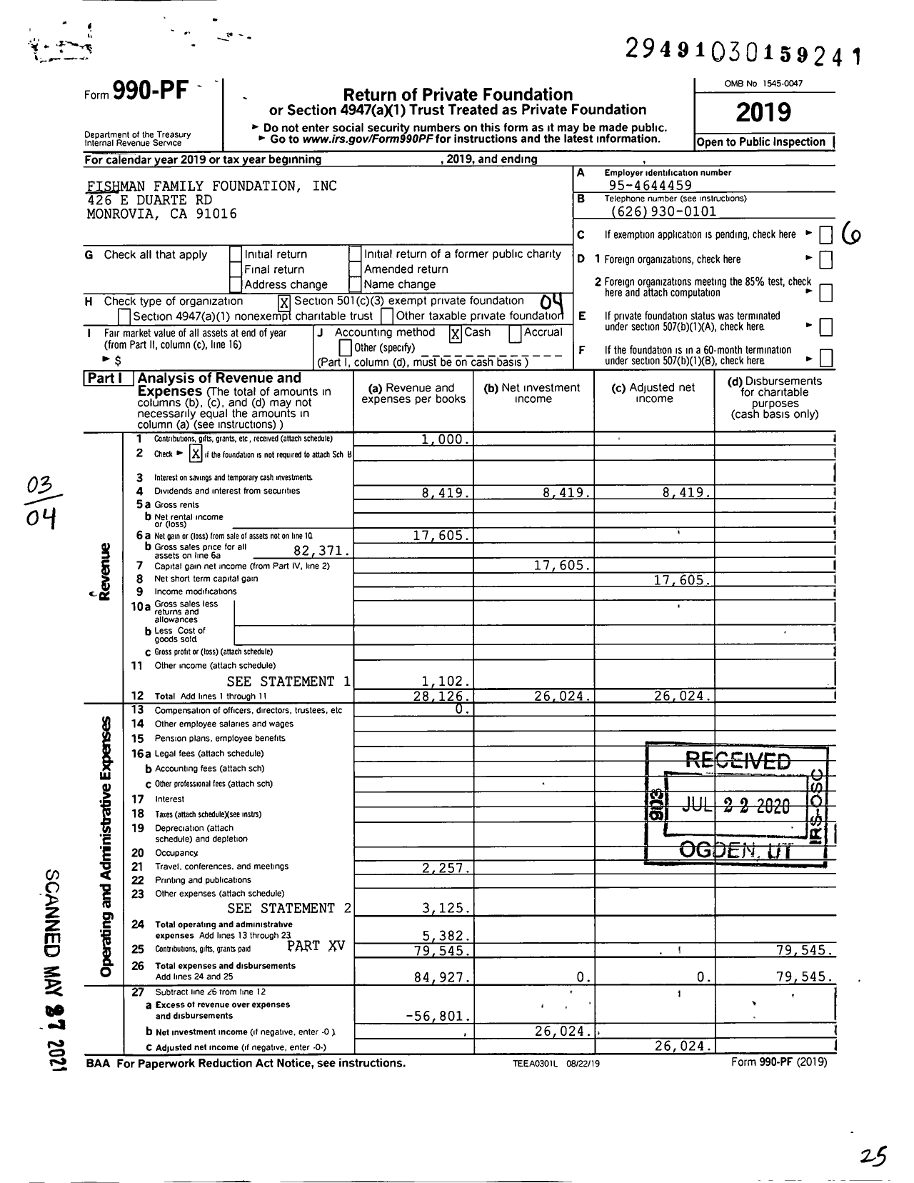 Image of first page of 2019 Form 990PF for Fishman Family Foundation