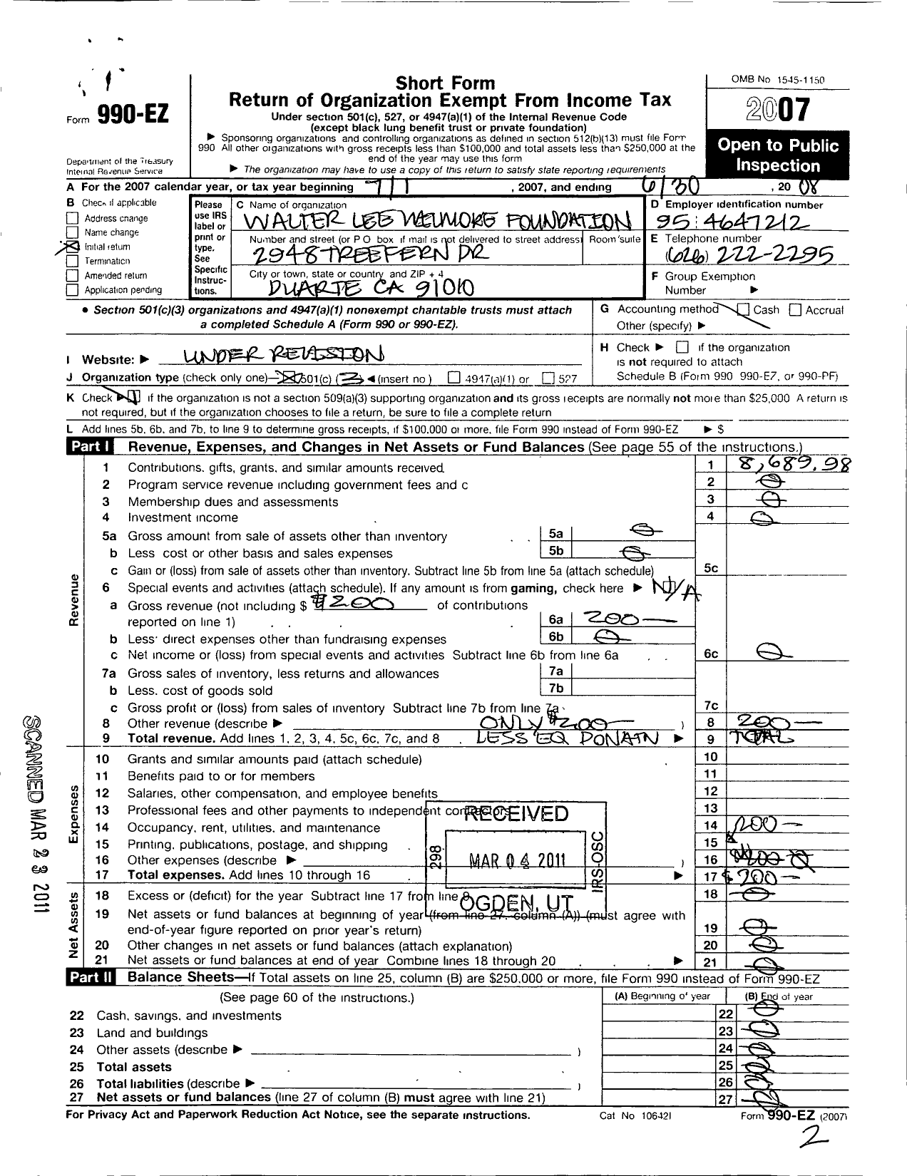 Image of first page of 2007 Form 990EZ for Walter Lee Wilmore WLW Foundation