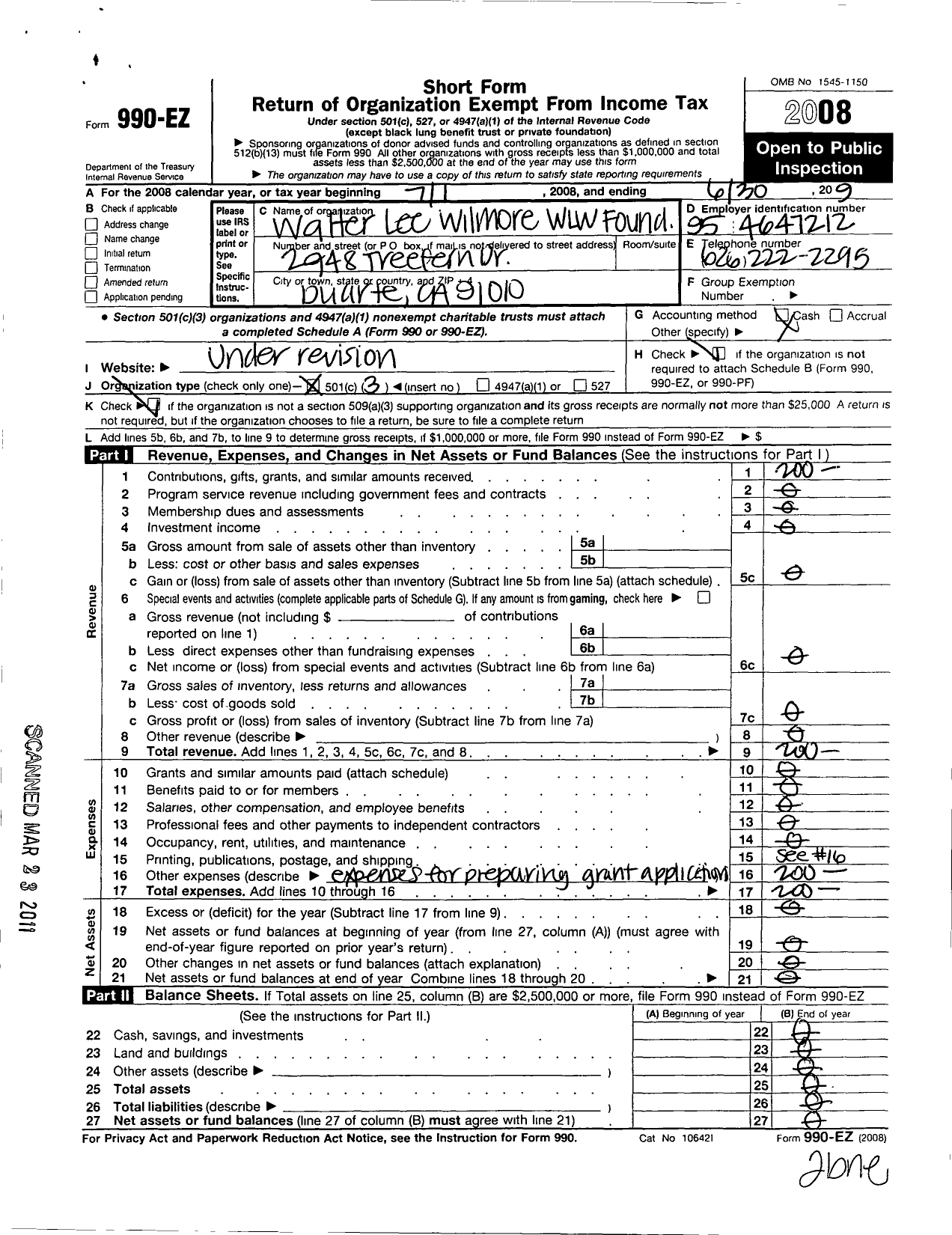 Image of first page of 2008 Form 990EZ for Walter Lee Wilmore WLW Foundation