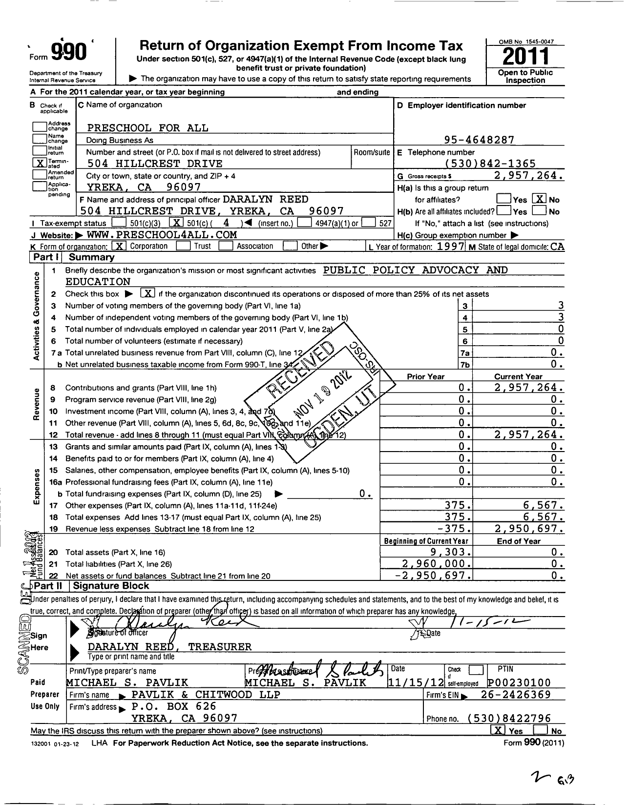 Image of first page of 2011 Form 990O for Preschool for All