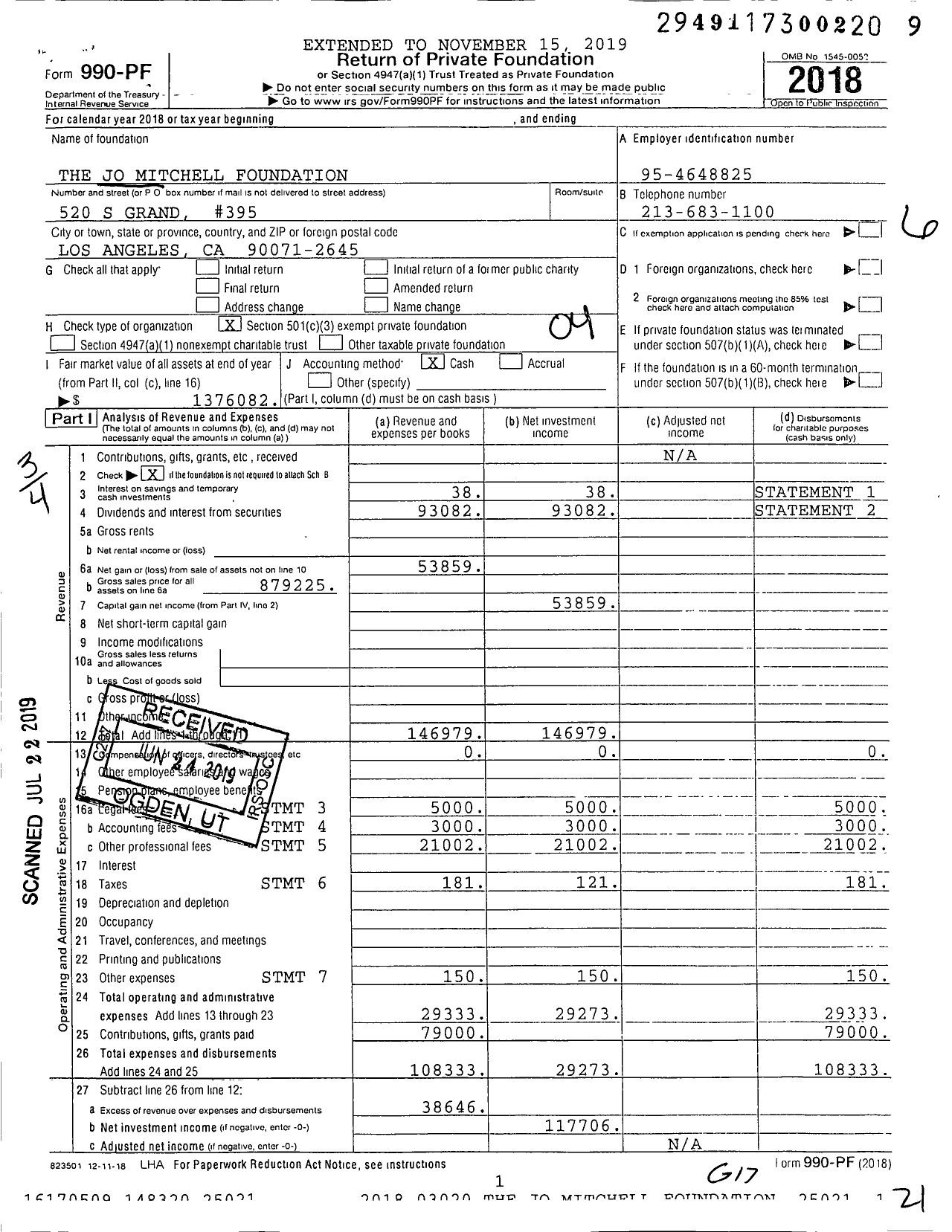 Image of first page of 2018 Form 990PF for The Jo Mitchell Foundation