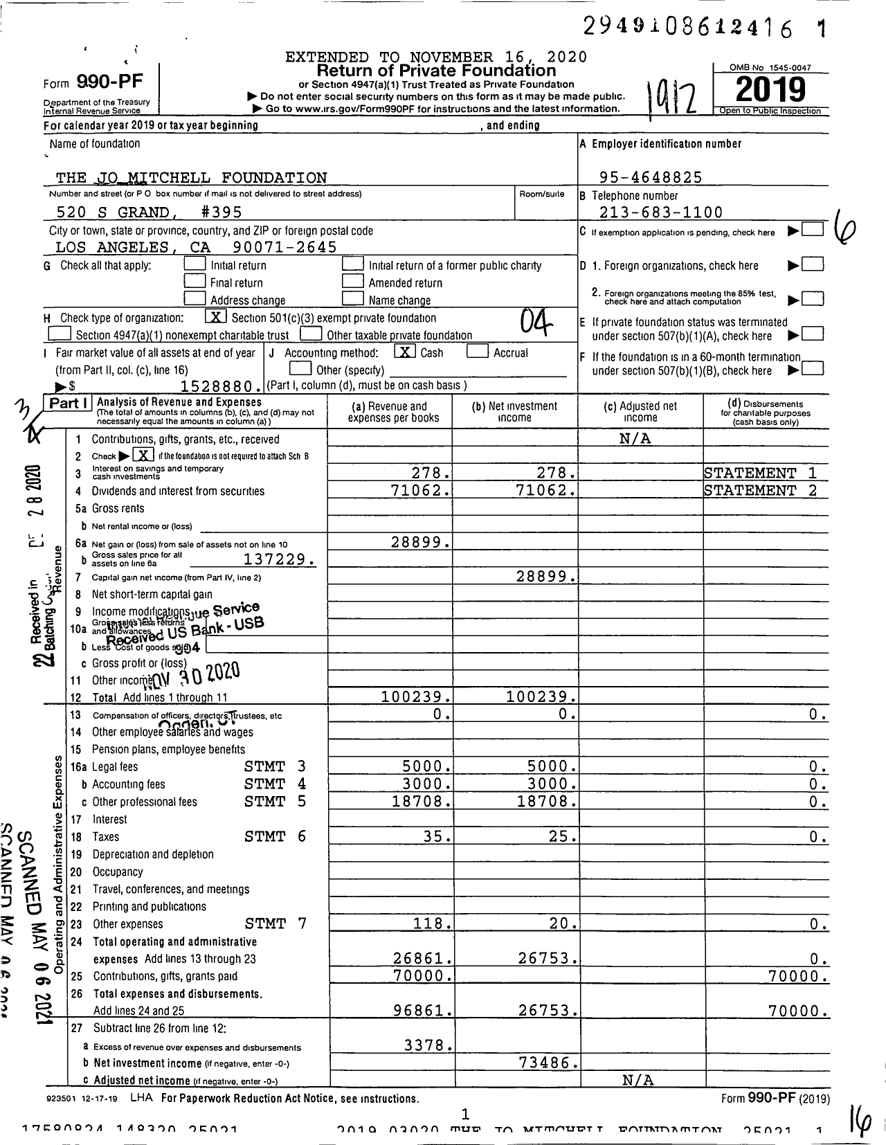 Image of first page of 2019 Form 990PF for The Jo Mitchell Foundation