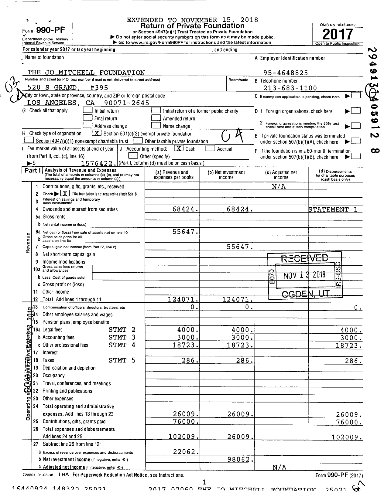 Image of first page of 2017 Form 990PF for The Jo Mitchell Foundation