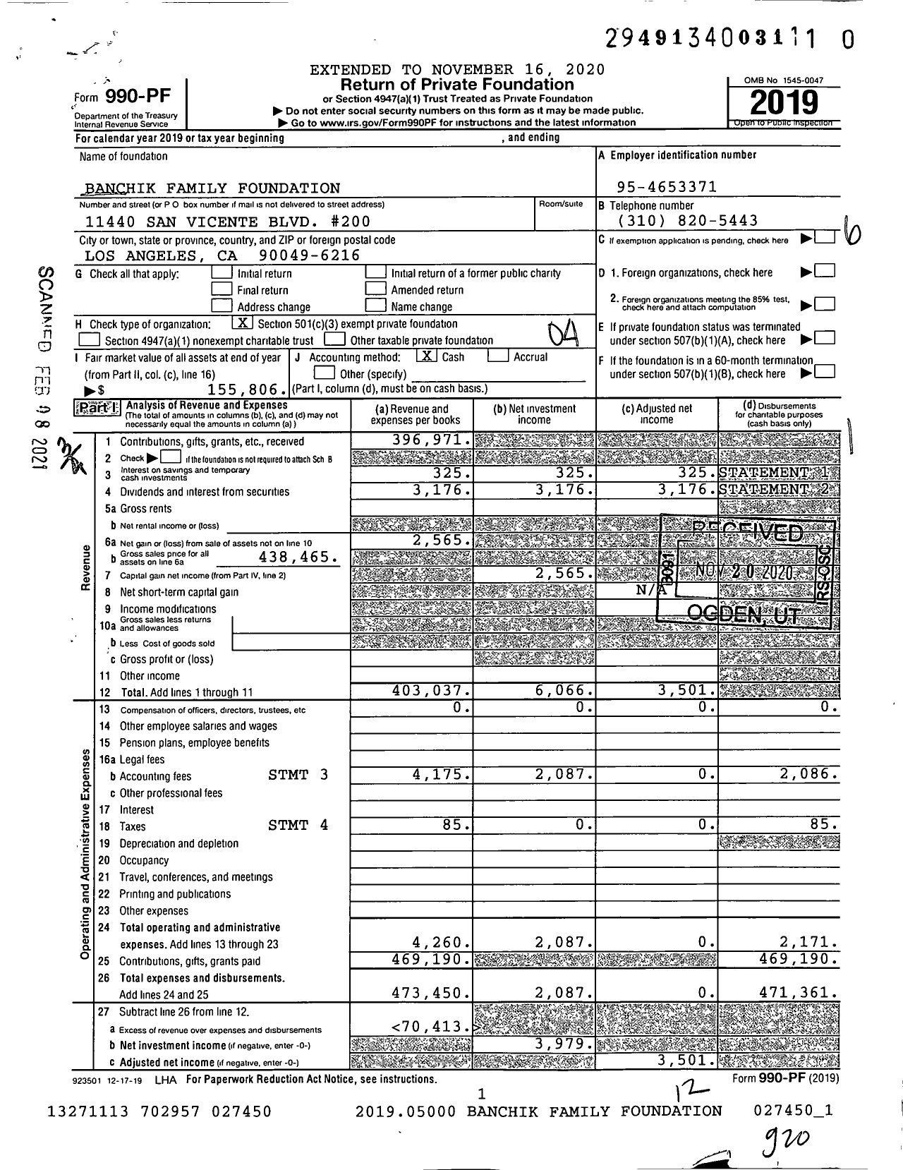 Image of first page of 2019 Form 990PF for Banchik Family Foundation