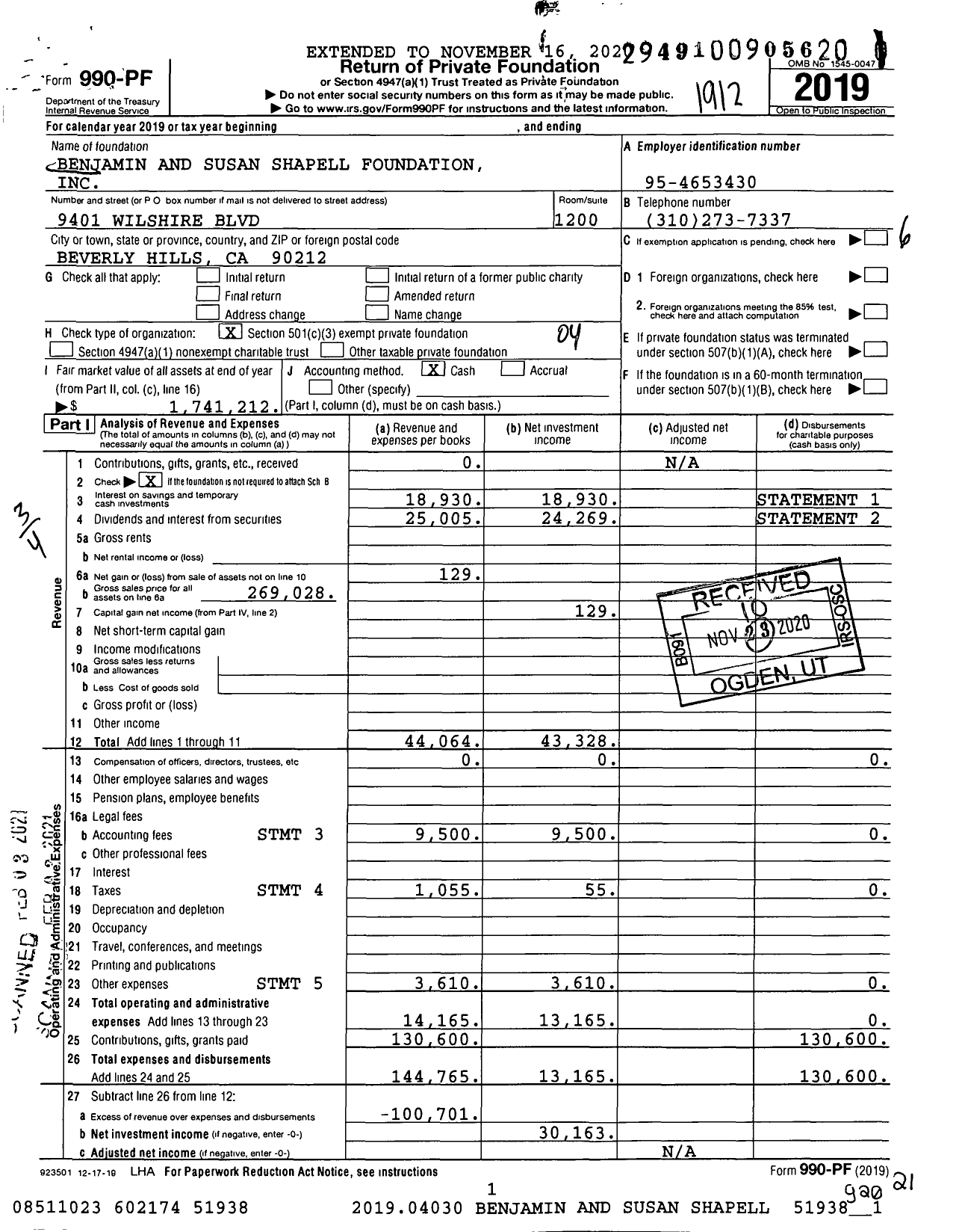 Image of first page of 2019 Form 990PF for Benjamin and Susan Shapell Foundation