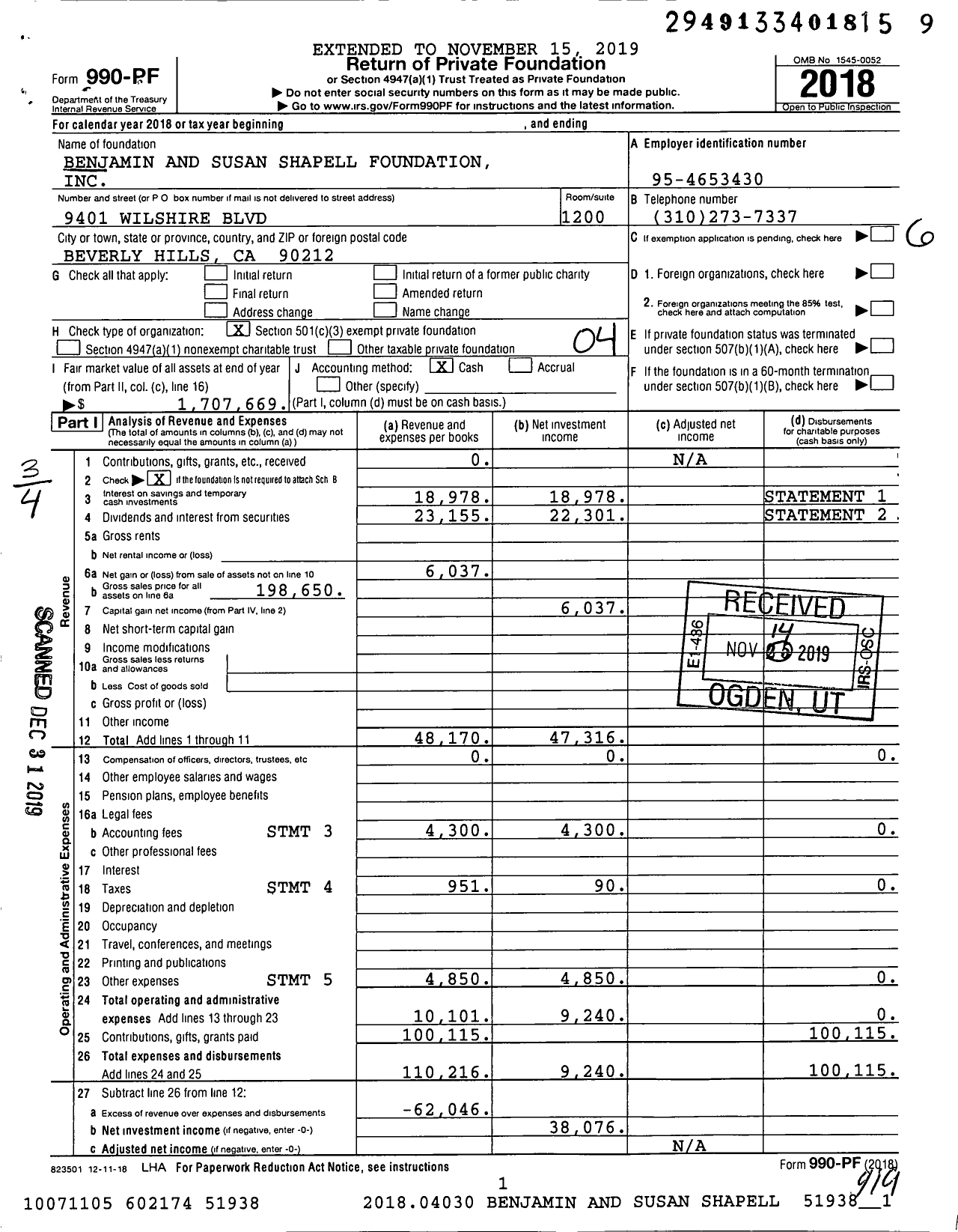 Image of first page of 2018 Form 990PF for Benjamin and Susan Shapell Foundation