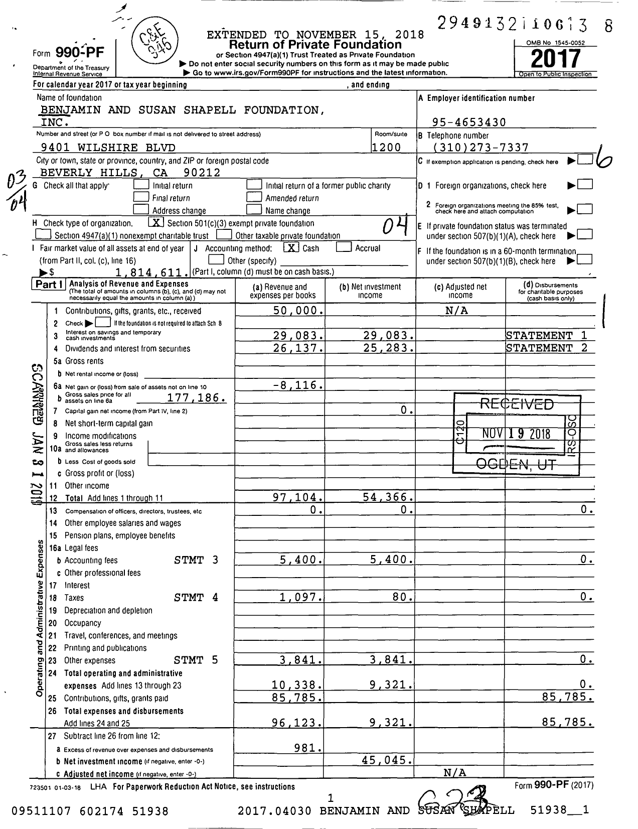 Image of first page of 2017 Form 990PF for Benjamin and Susan Shapell Foundation