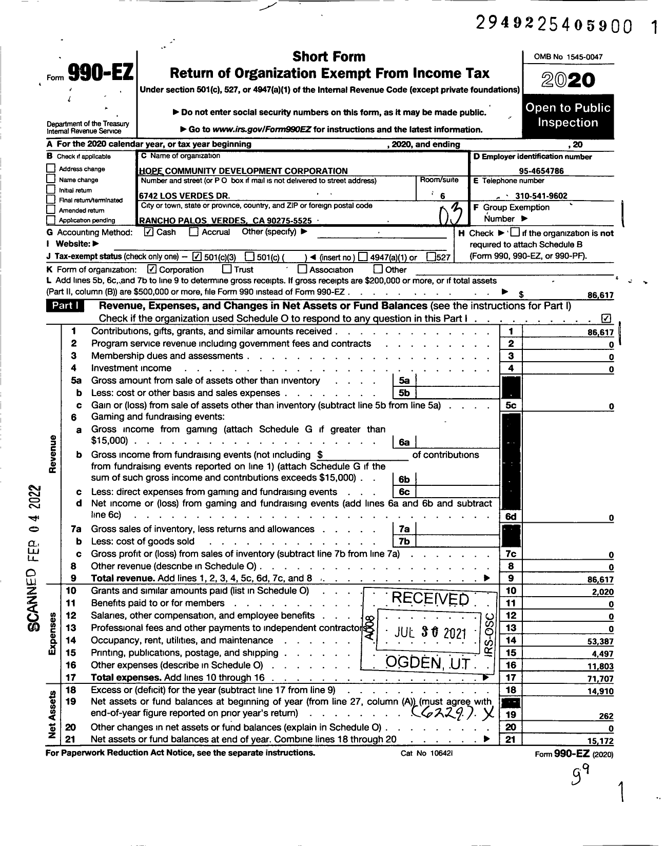 Image of first page of 2020 Form 990EZ for Hope Community Development Corporation