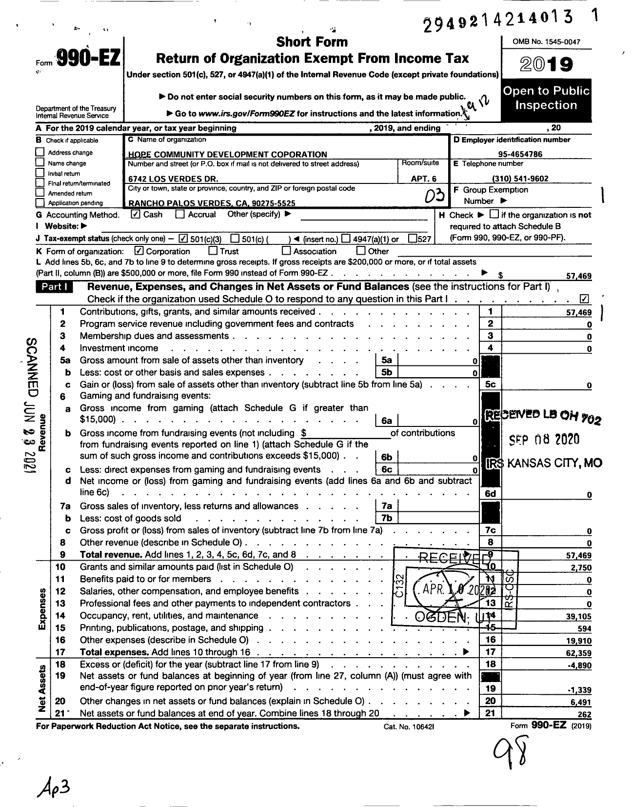 Image of first page of 2019 Form 990EZ for Hope Community Development Corporation