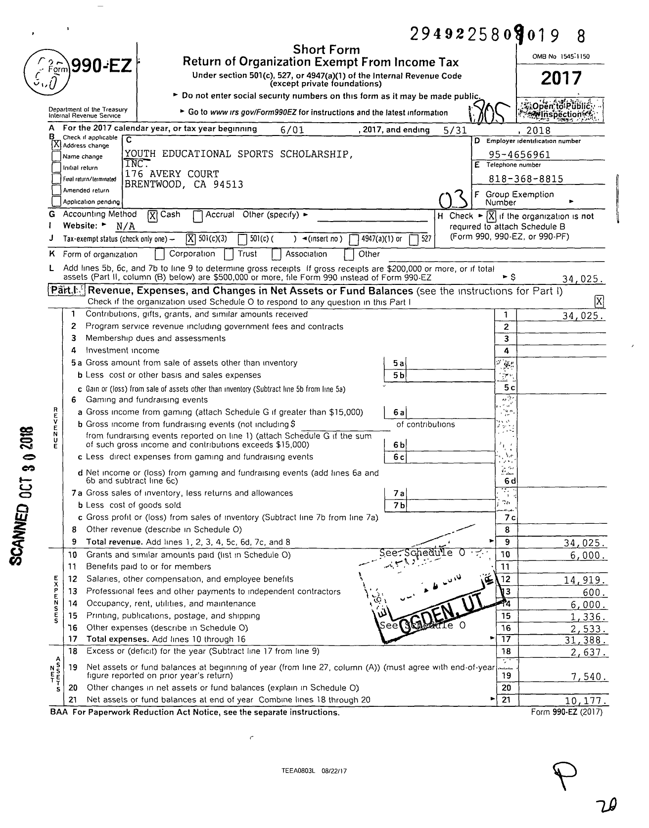 Image of first page of 2017 Form 990EZ for Youth Educational Sports Scholarship (YESS)