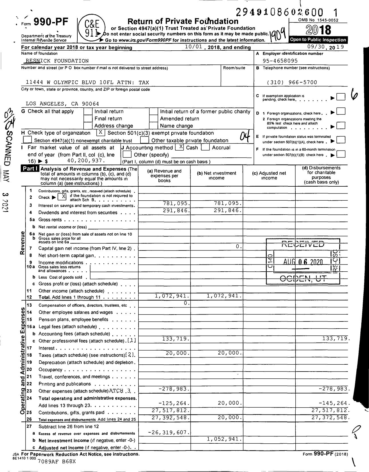 Image of first page of 2018 Form 990PF for Resnick Foundation