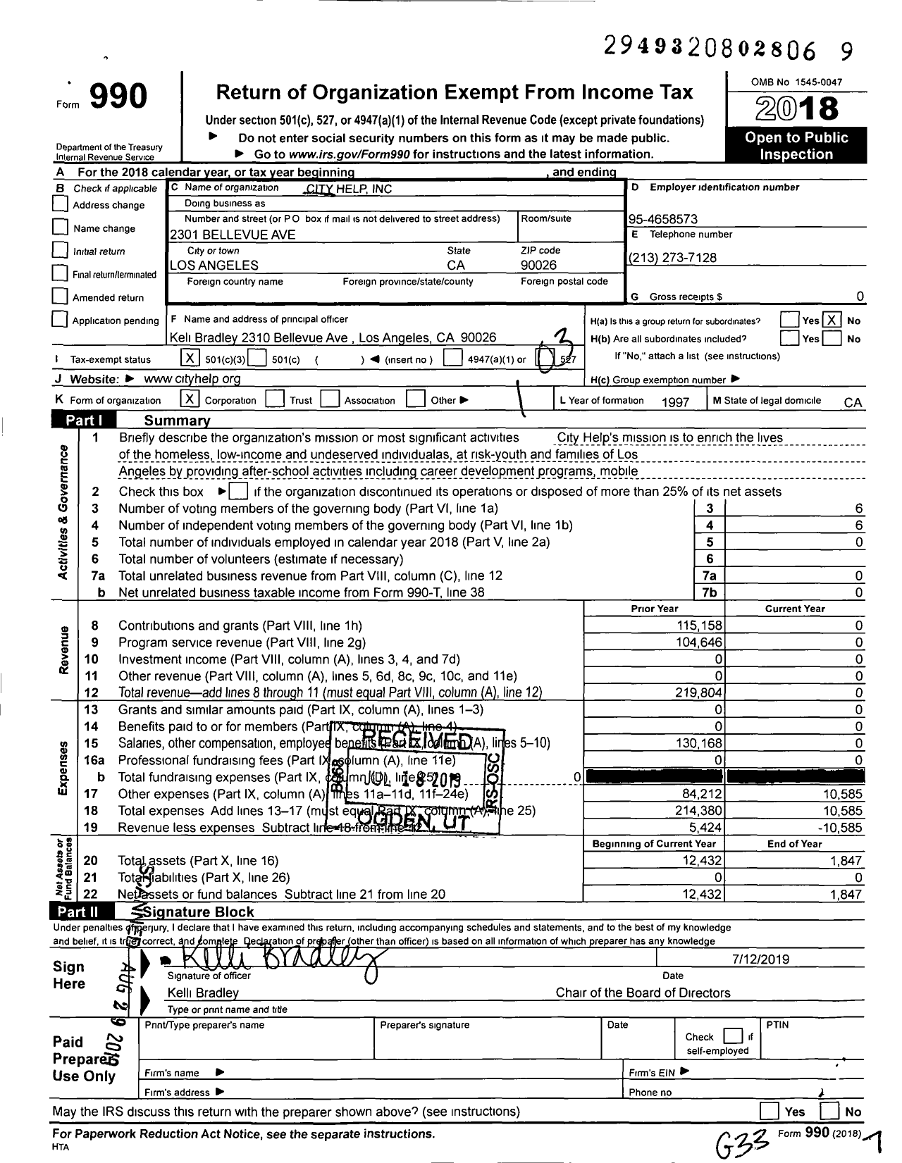 Image of first page of 2018 Form 990 for City Help