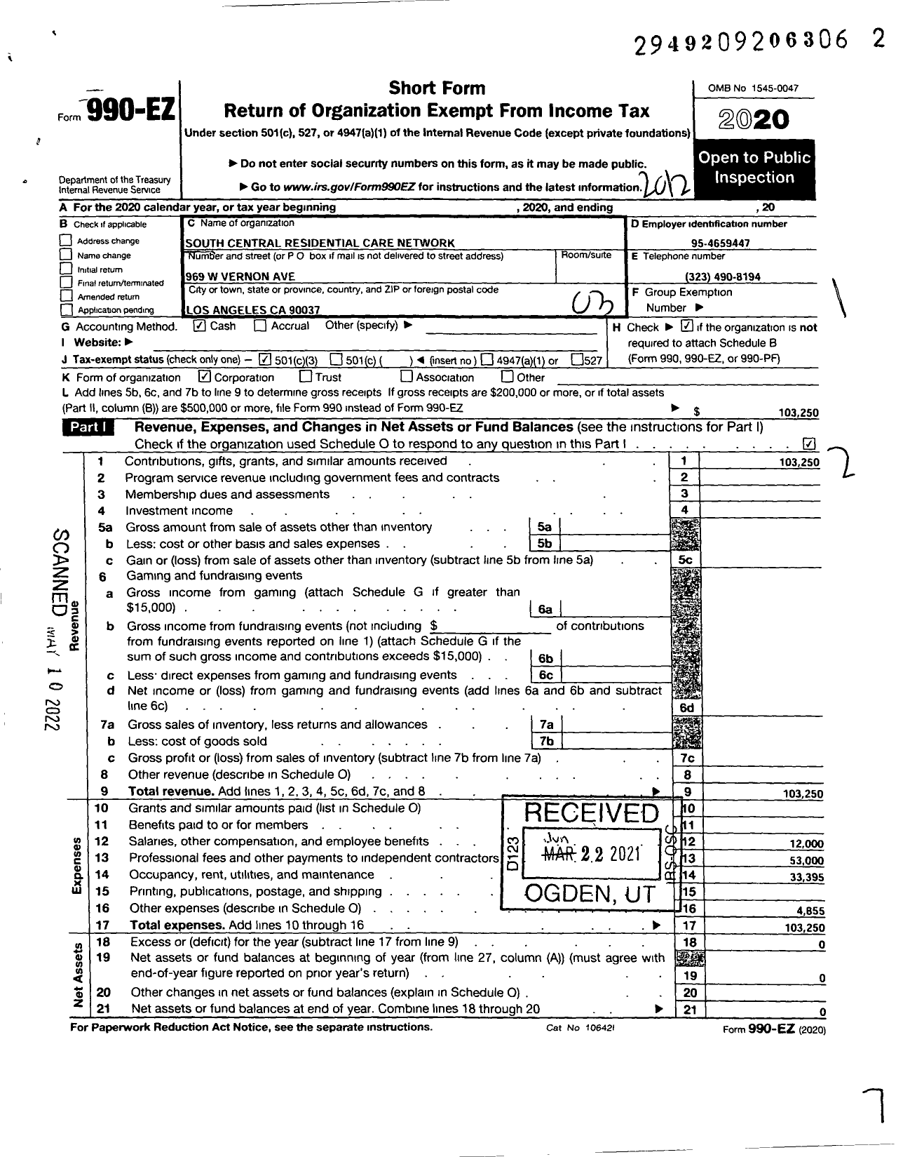 Image of first page of 2020 Form 990EZ for South Central Residential Care Network