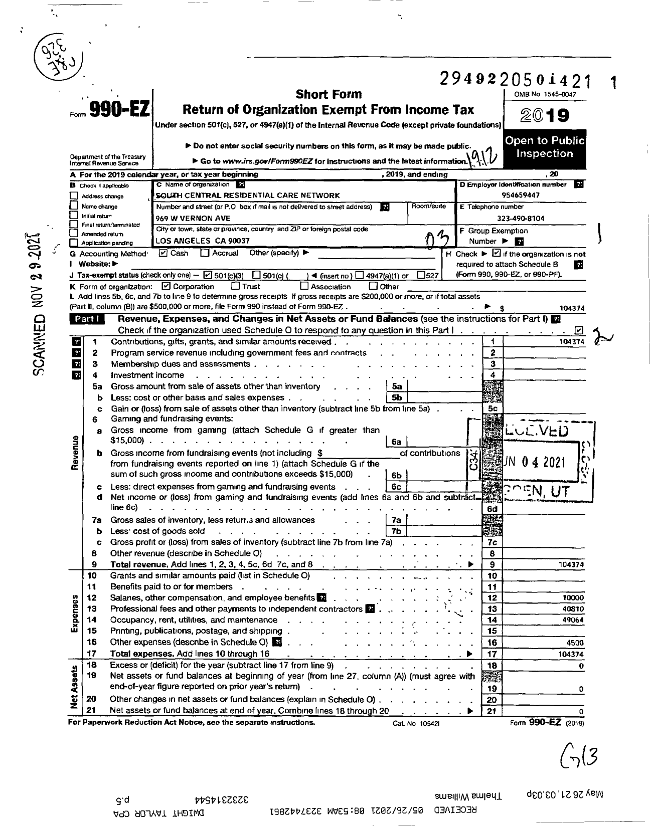 Image of first page of 2019 Form 990EZ for South Central Residential Care Network