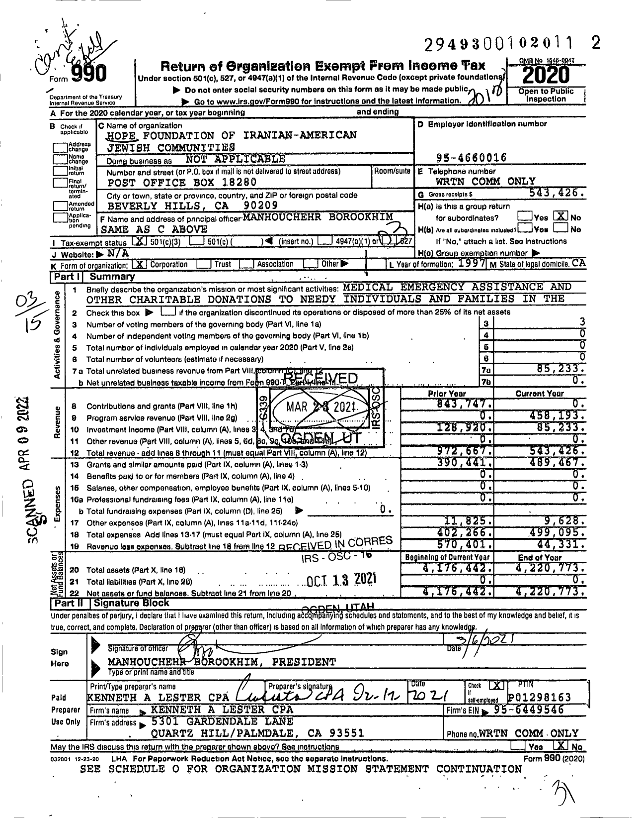 Image of first page of 2020 Form 990 for Hope Foundation of Iranian-American Jewish Communities