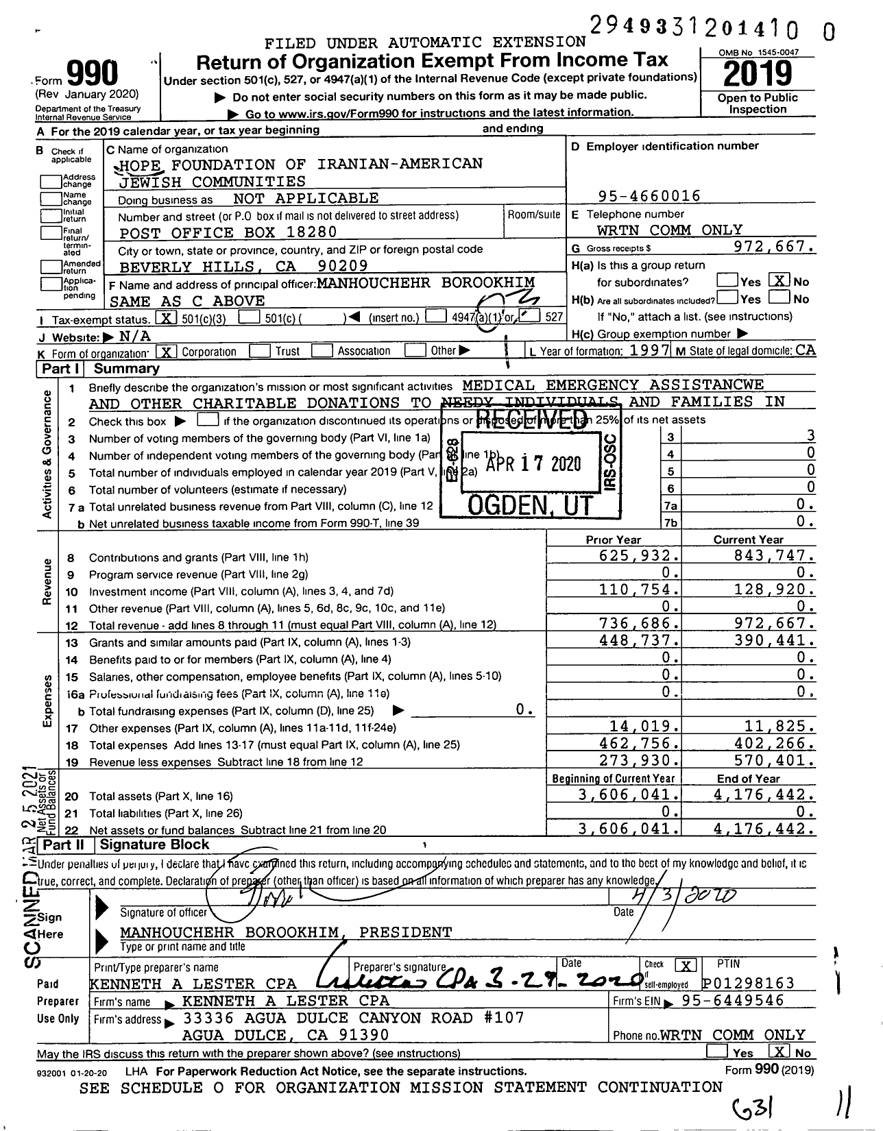 Image of first page of 2019 Form 990 for Hope Foundation of Iranian-American Jewish Communities