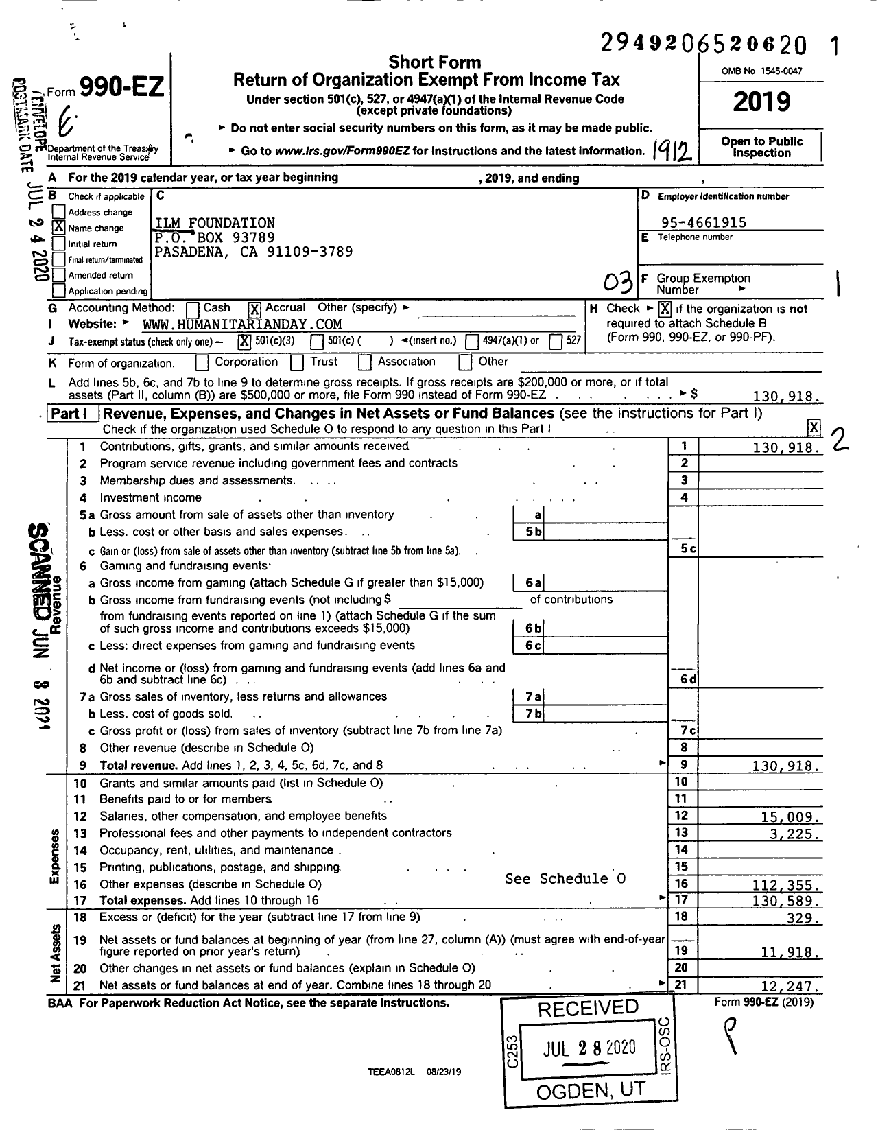 Image of first page of 2019 Form 990EZ for ILM Foundation