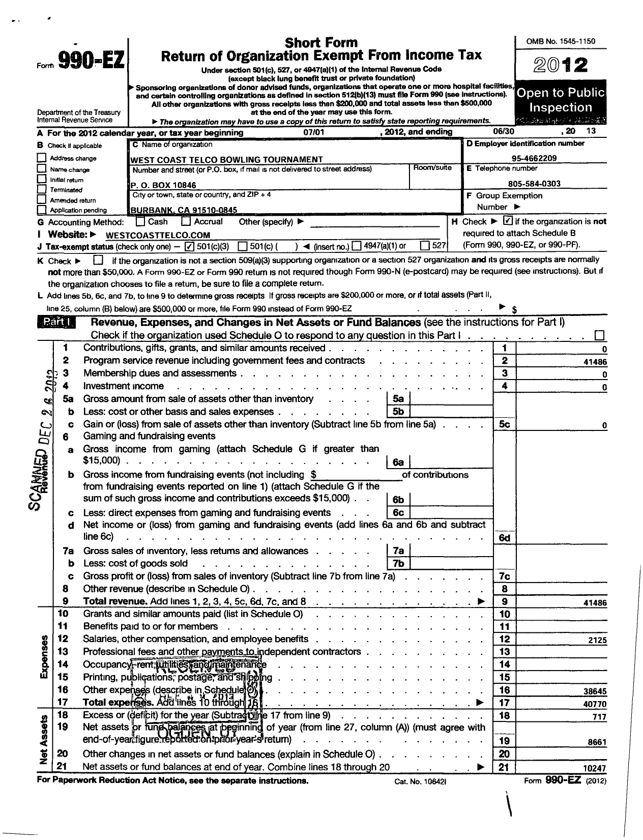 Image of first page of 2012 Form 990EZ for West Coast Telco Bowling Tournament