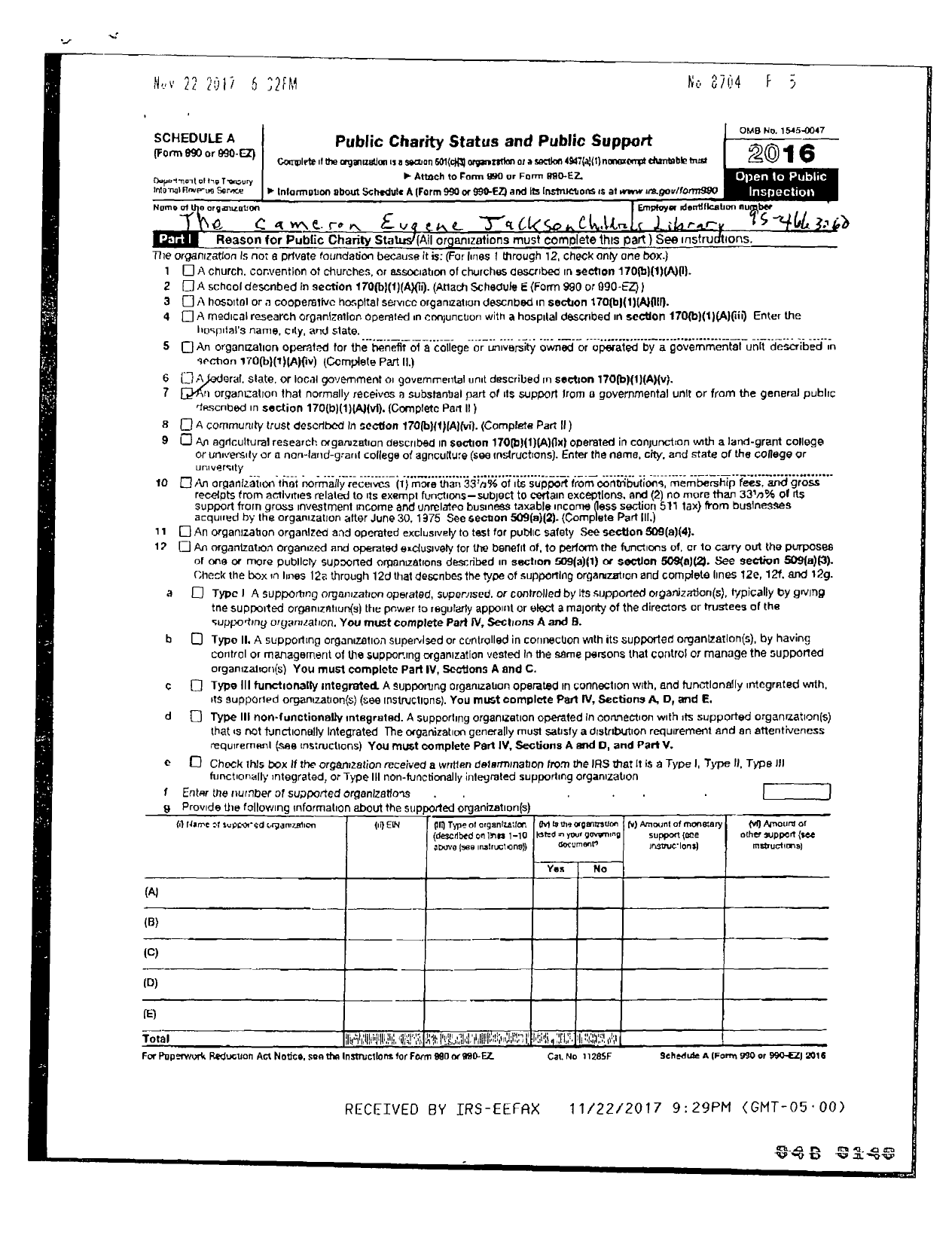 Image of first page of 2016 Form 990ER for Cameron Eugene Jackson Childrens Library