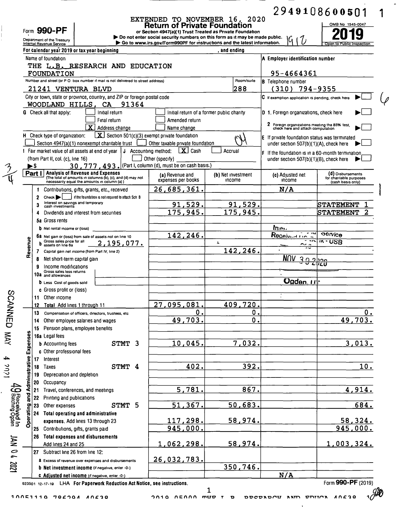 Image of first page of 2019 Form 990PF for The LB Research and Education Foundation