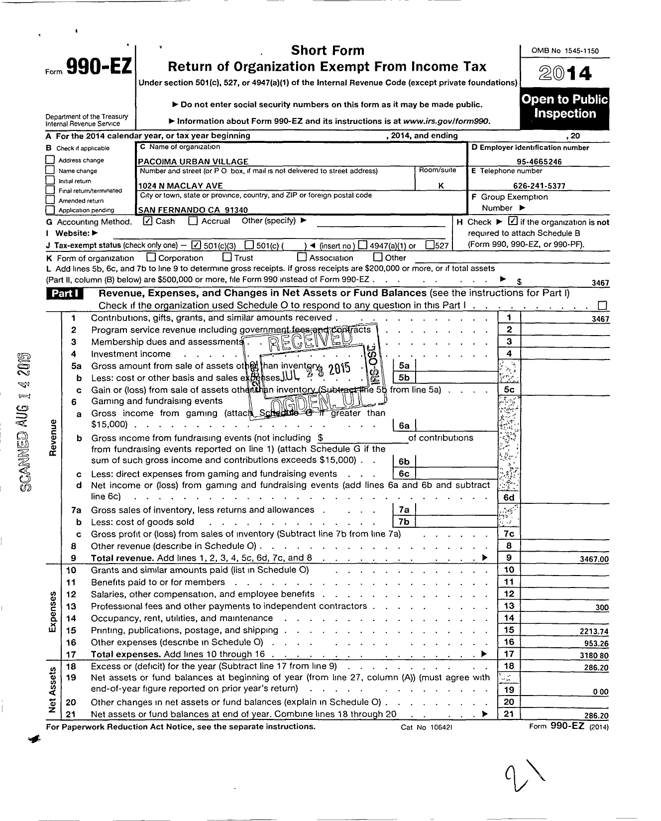 Image of first page of 2014 Form 990EZ for Pacoima Urban Village