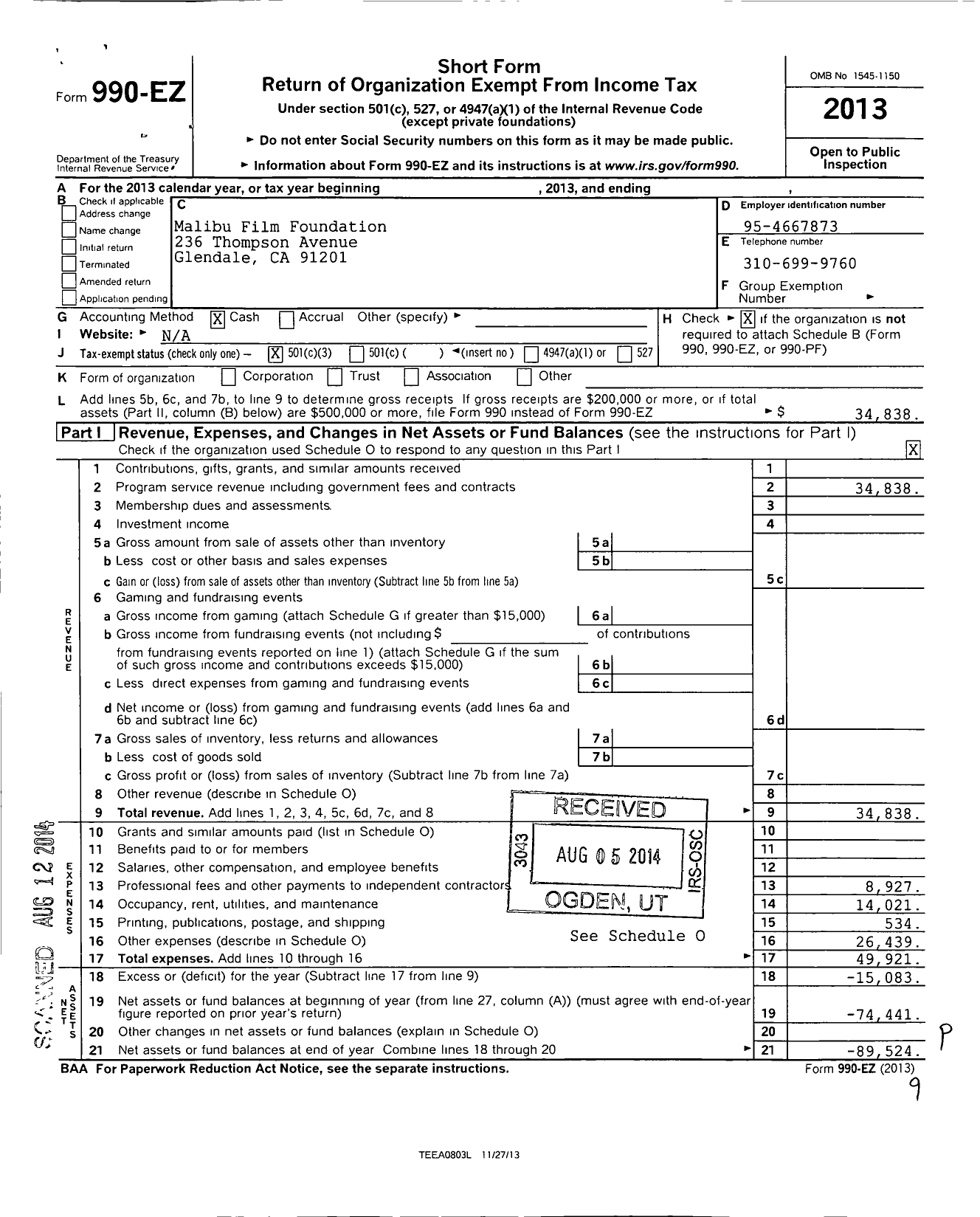 Image of first page of 2013 Form 990EZ for Malibu Film Foundation