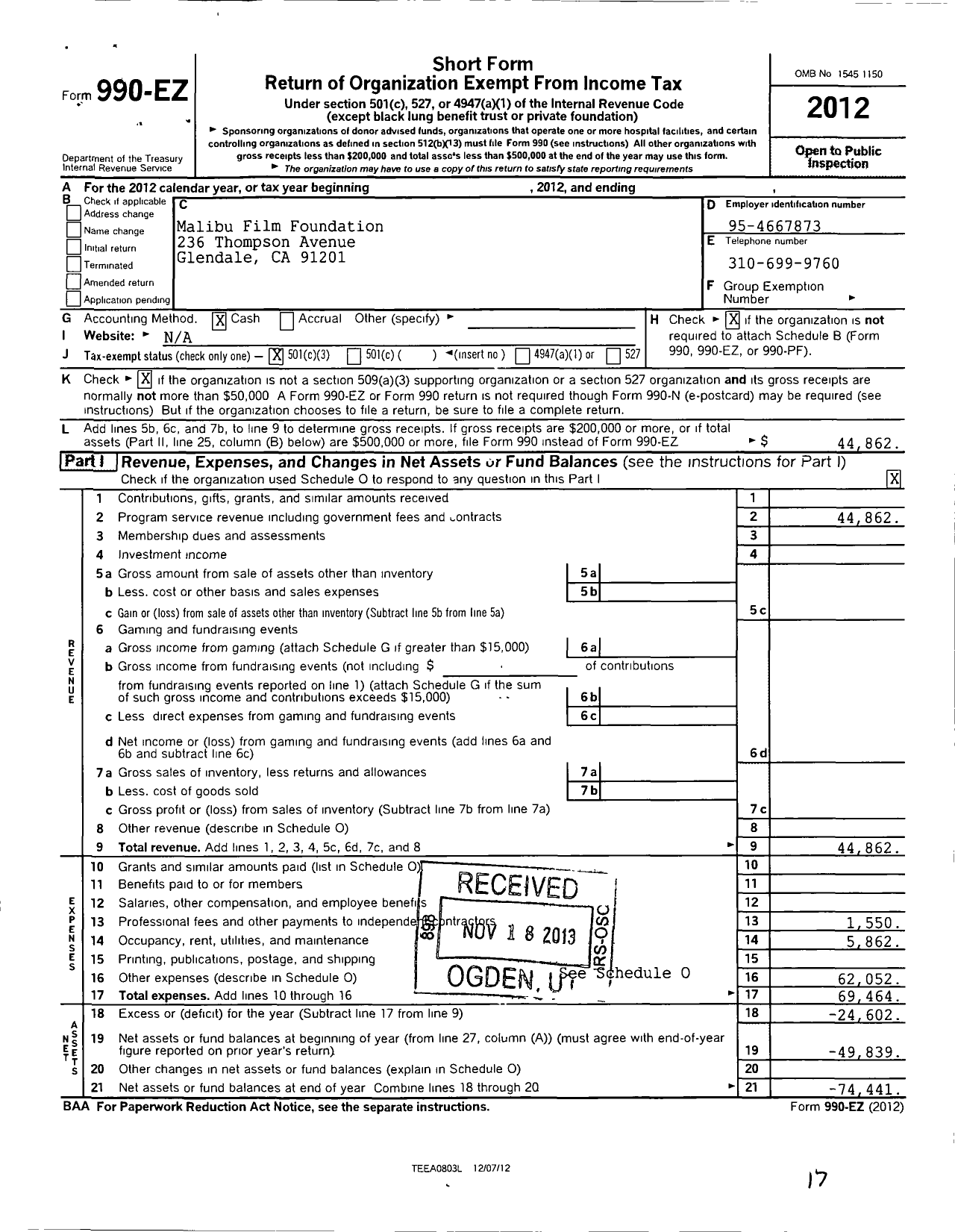 Image of first page of 2012 Form 990EZ for Malibu Film Foundation